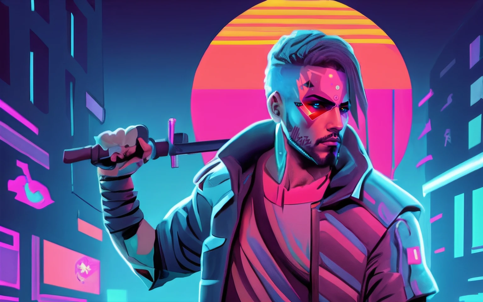 a man holding a baseball bat in a city at night, cyberpunk art style, cyberpunk vibrant colors, cyberpunk shading, cyberpunk artstyle, synthwave art style, cyberpunk themed art, cyberpunk 2077 color, cyberpunk art 2077, synthwave art, cyberpunk dude, cyberpunk hero, masterpiece epic retrowave art, cyberpunk 2077”