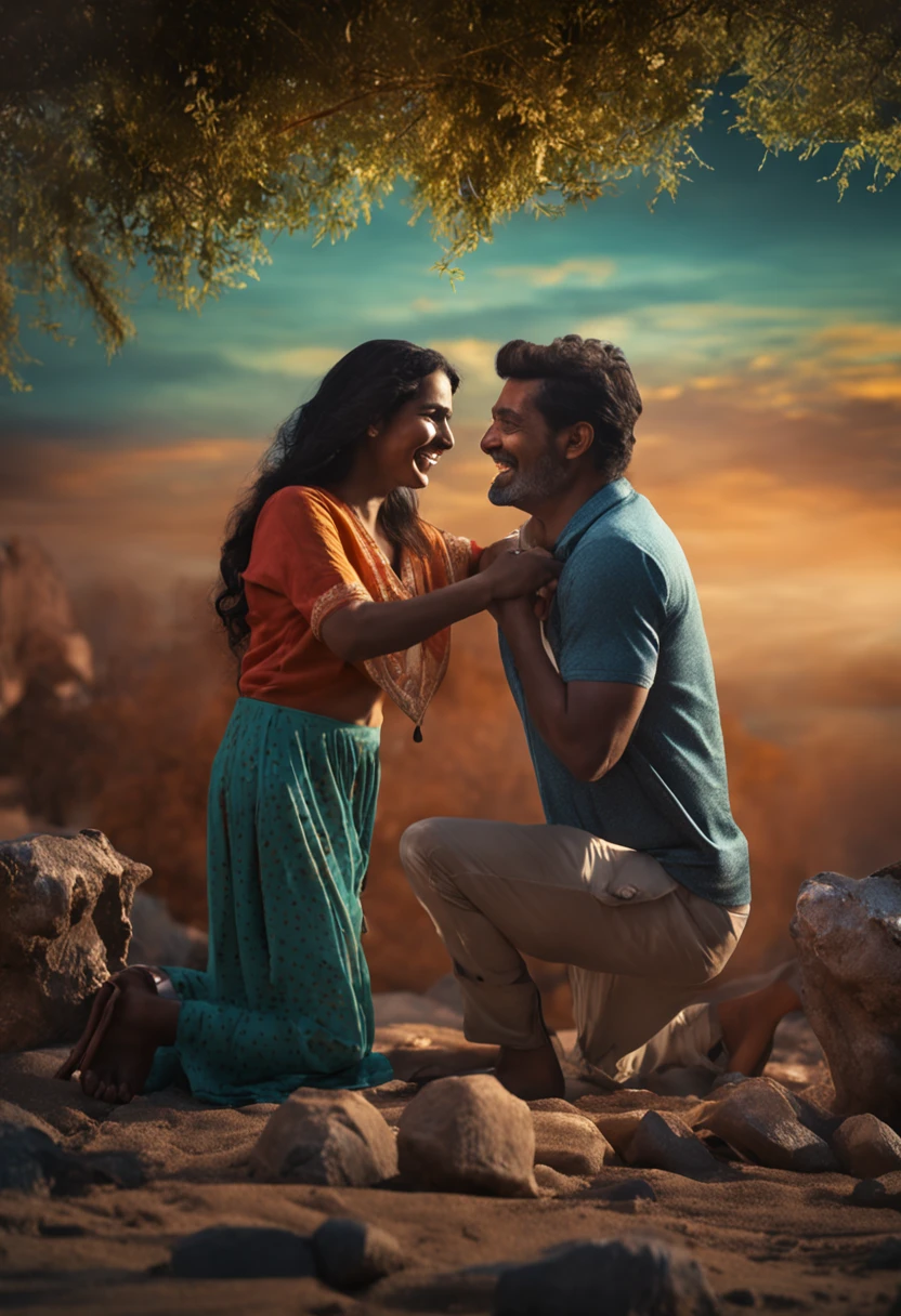 A man kneels and cries,A couple standing and laughing happily