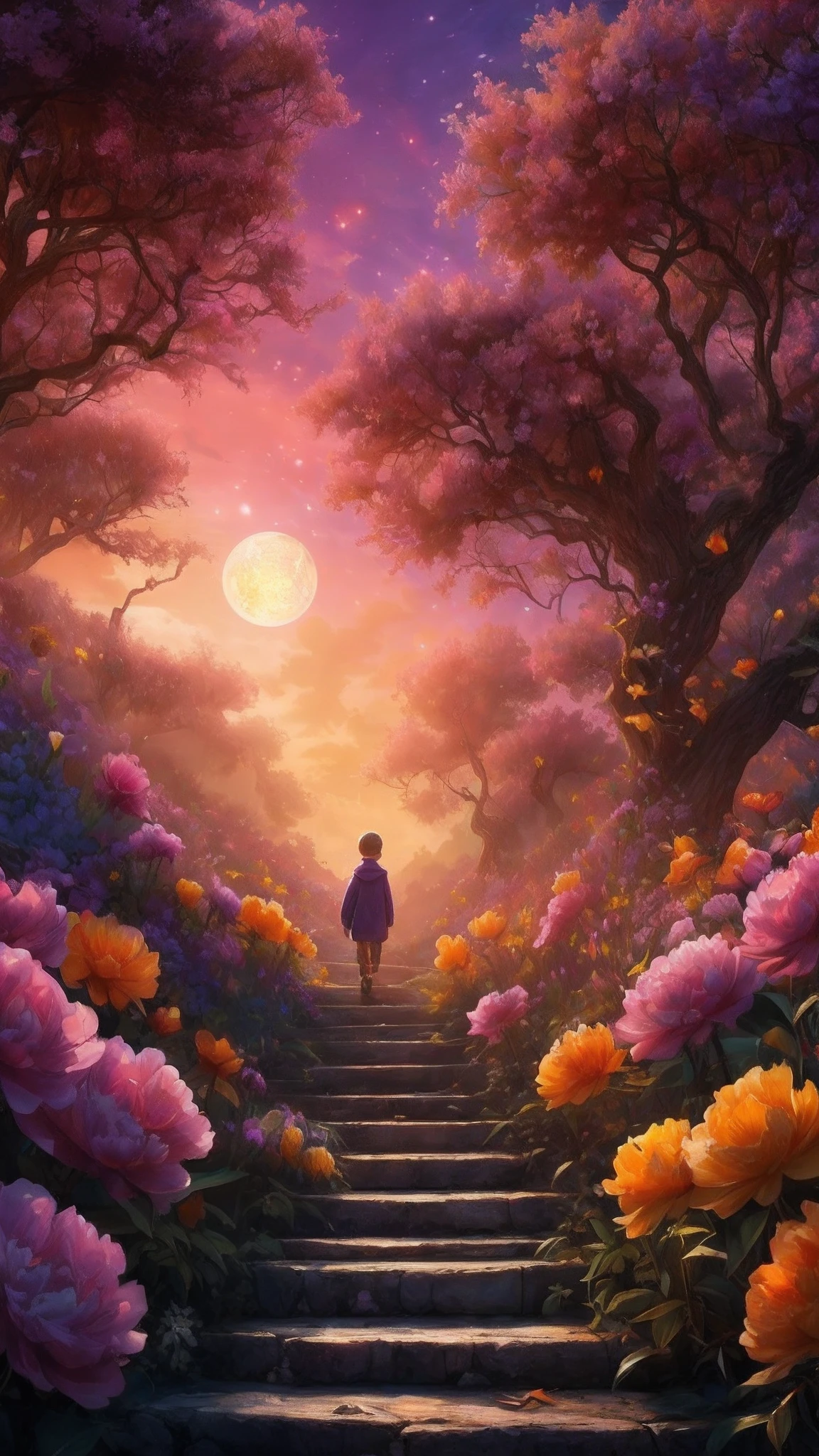 expansive landscape photograph , (a view from below that shows sky above and open field below), a little 9 years old blond boy with long sweatshirt and yellow scarf walking on stone steps in yellow Peony flower garden looking up, ( comet:0.9), (nebula:1.3), distant Wetland, tree of life, BREAK production art, (warm light source:1.3), lamp, lot of purple and orange, intricate details, volumetric lighting, realism BREAK (masterpiece:1.2), (best quality), 4k, ultra-detailed, (dynamic composition:1.4), highly detailed, colorful details,( iridescent colors:1.2), (glowing lighting, atmospheric lighting), dreamy, magical, (solo:1.2), magical beautiful waterfall