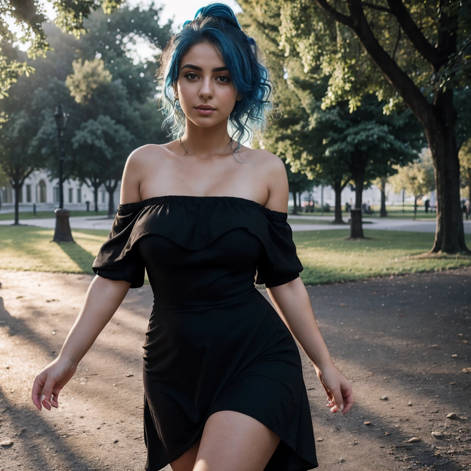 Highest quality, masterpiece, super high resolution, (photorealistic: 1.4), raw photo, (blue haired syrian woman), curly hair, hourglass figure, wide hips, plump thighs, 1 girl, off shoulder, in the park, deep shadows, low key, cold light, background downtown, short curly hair, ponytail, Black clothes, half-undressed clothes, (((black dress)))