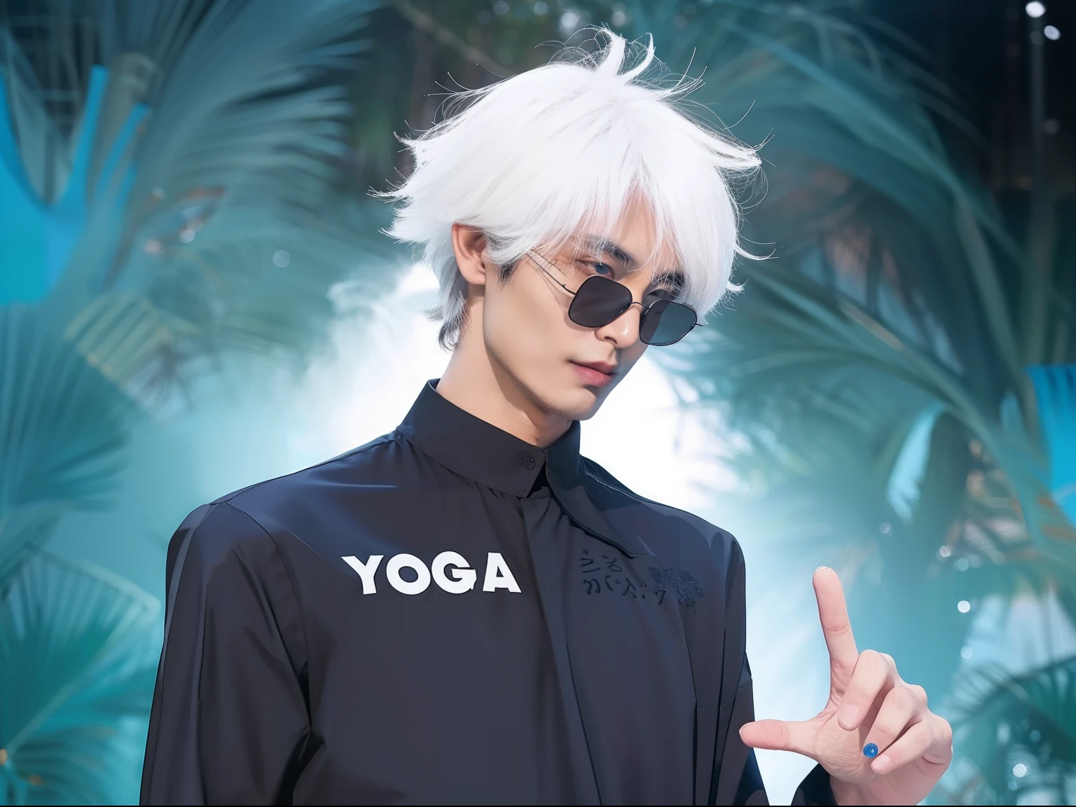 black shirt and the inscription yoga dmr on the left chest, gojo satoru, man with white hair and black glasses, blue eyes, (there is writing on his shirt yoga dmr)