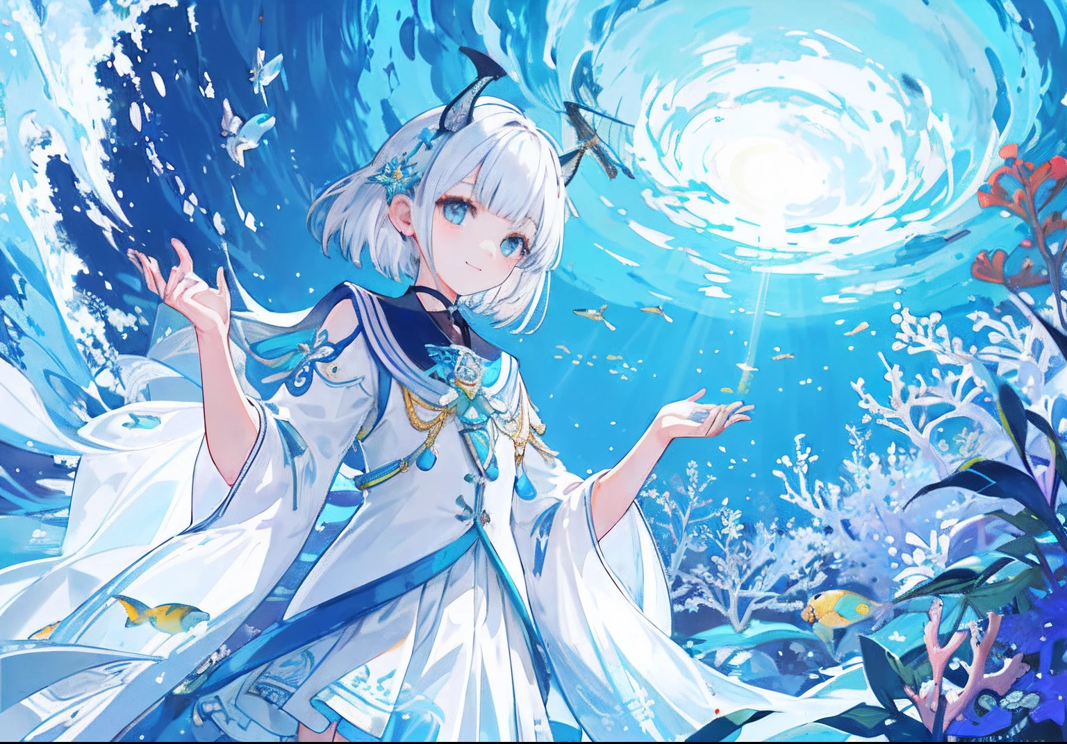 masterpiece, hightquality, Marine forest, 城市, Fantastic Fantasy, 22-year-old girl in the center looking up at the sky、glowing plants, Coral Viaduct, (School of glowing little fish), (fish flocks), Foggy, Extreme detailing, Morning light, Magnificent composition, (intricate detailes), (intricate designs, The ultra-detailliert: 1.2), art stations, (masterpiece, top-quality), Ulutra HD, 32K 、Fish shadow、Lots of Fish、View from below、Under the sea 、Wearing a white translucent cloak 、Clione Girl、Clione's horn、White gradient hair、Large coral reefs 、A detailed eye 、A slight smil、Clione --v 6