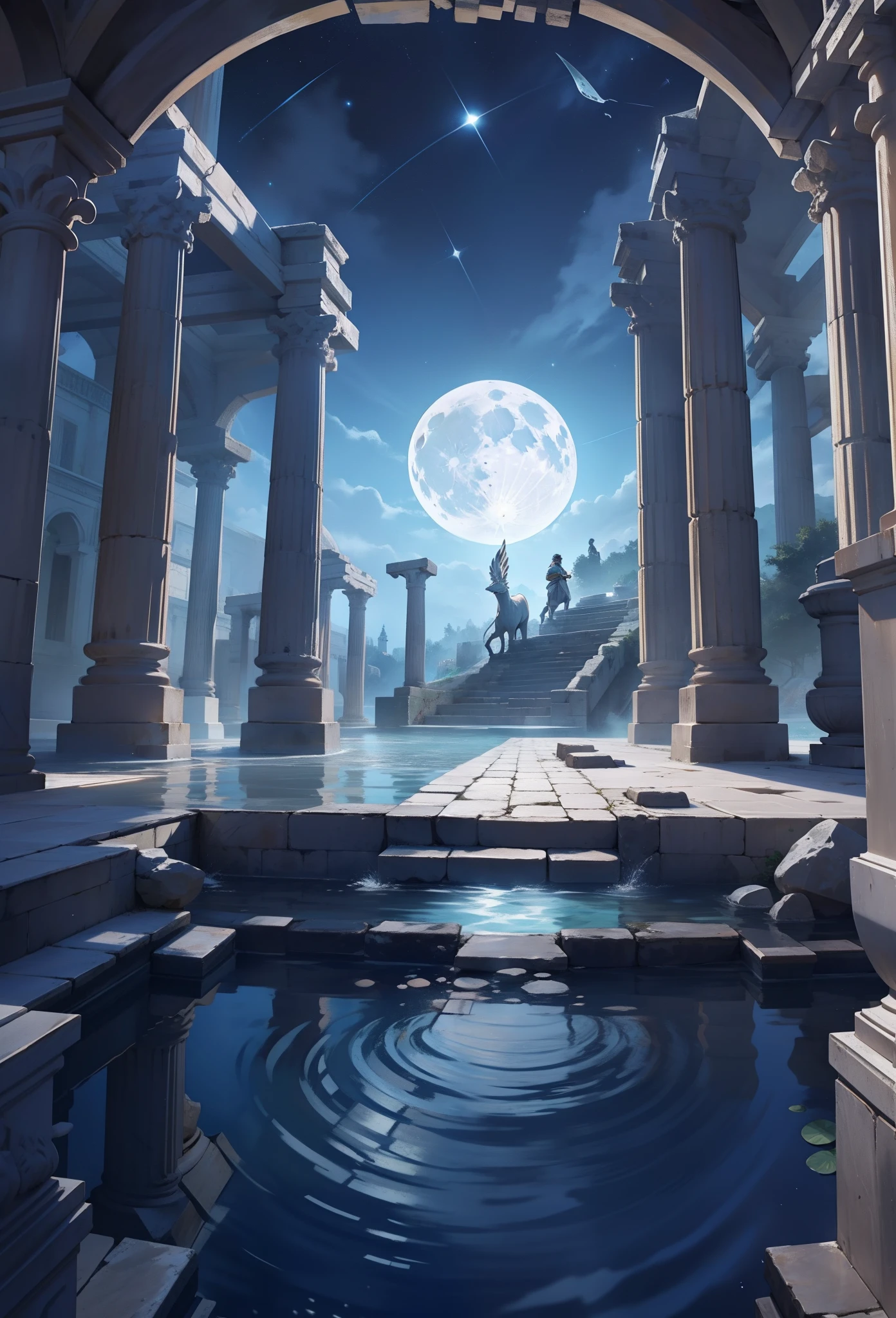 Greek mythological scenes，Roman columns，crock，The stairs on the first floor are broken，Broken ground，submerged in the water，the night，themoon，There is starlight，