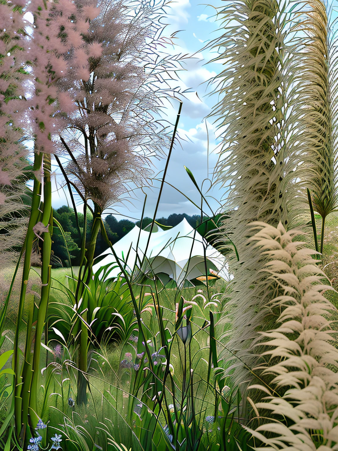 There is a lot of tall grass in the field，The background is a tent, Long grass in the foreground, flowers in foreground, Shoot from behind the blades of grass, middle close up composition, plants and grass, from the distance, eye - level view, wildflowers and grasses, view from ground, eye-catching composition, zoom out view, Grass and flowers