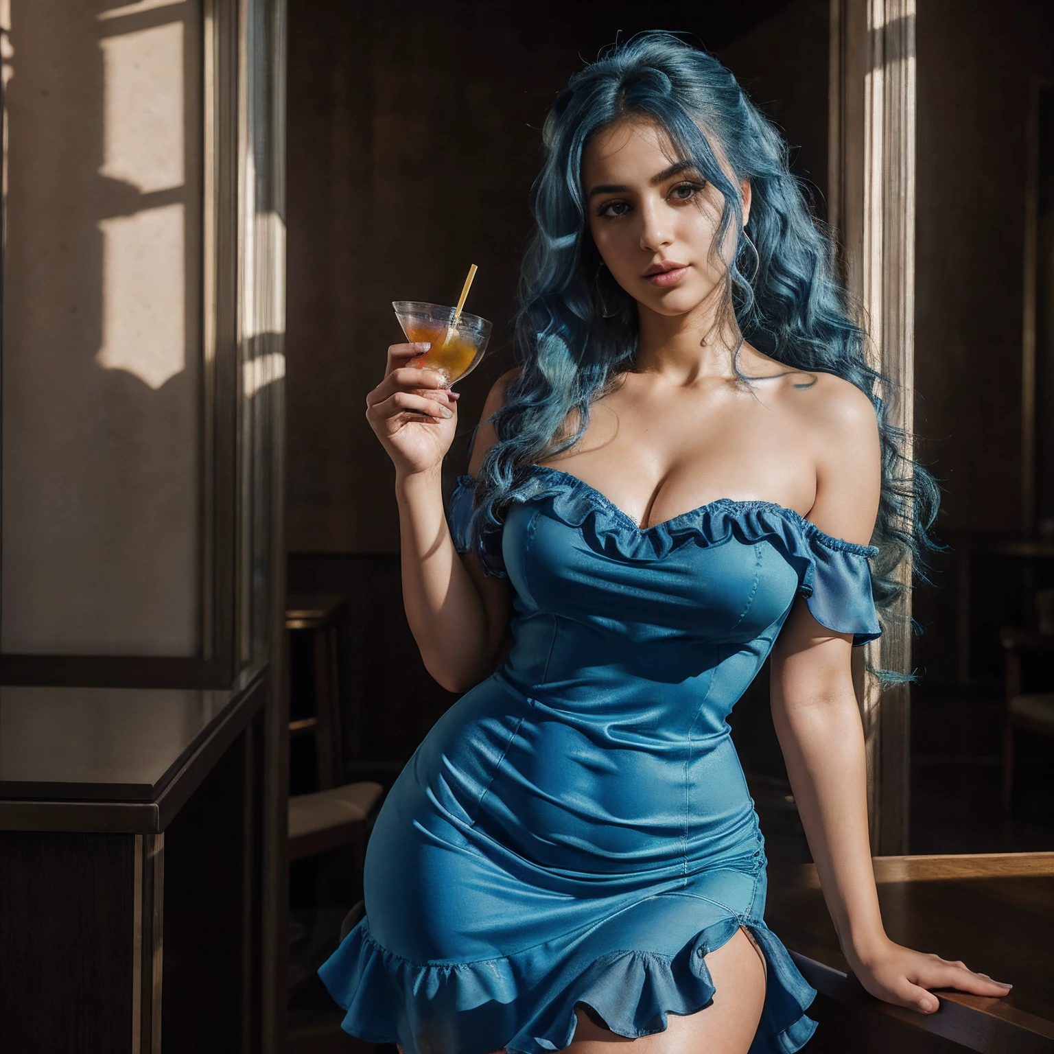 Highest quality, masterpiece, super high resolution, (photorealistic: 1.4), raw photo, (blue haired syrian woman), curly hair, hourglass figure, wide hips, plump thighs, 1 girl, off shoulder, garter belt, deep shadows, low key, cold light, background downtown, long curly hair, ponytail, (((short cocktail dress)))