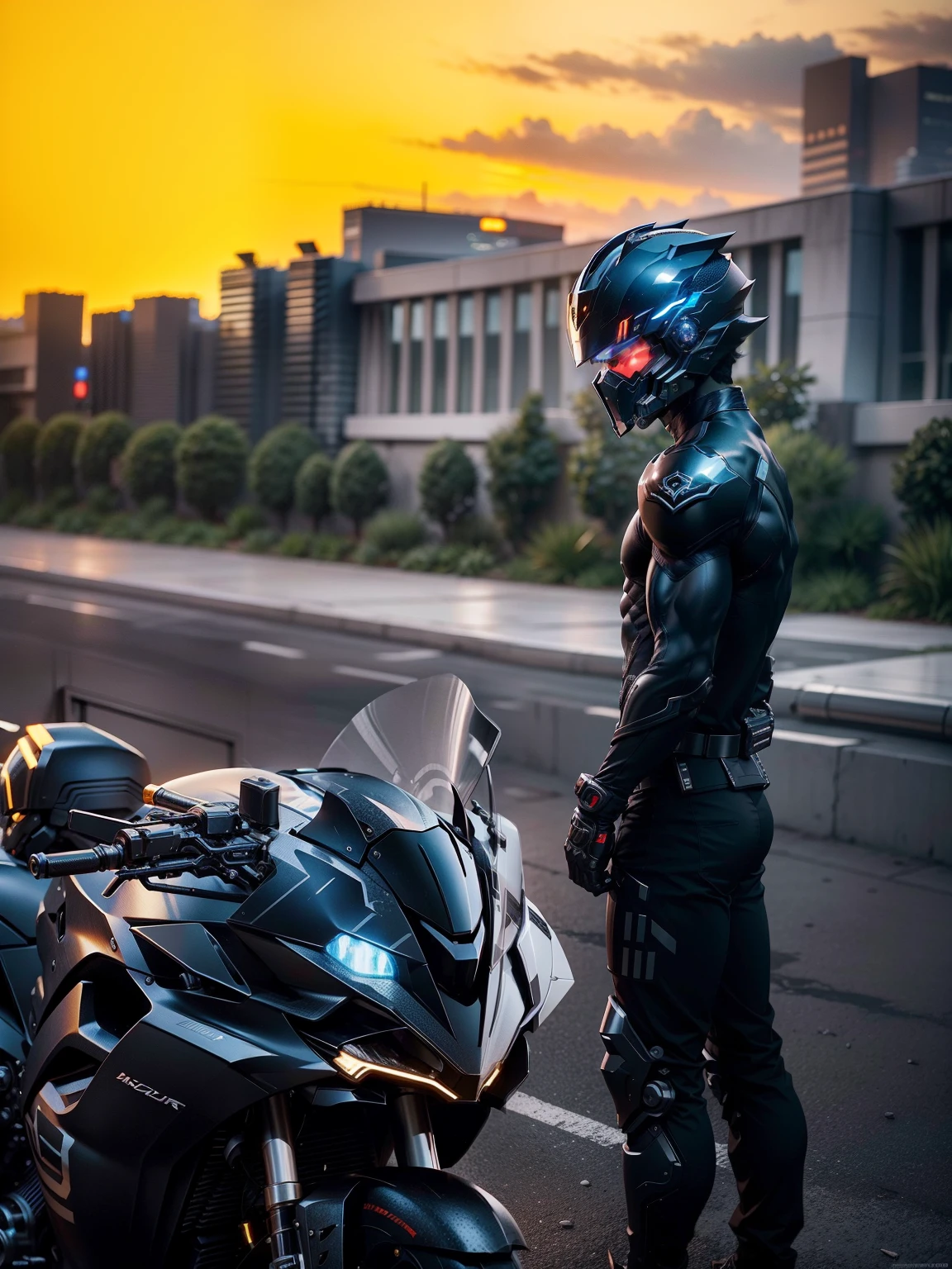 muscle strong、A cyber handsome warrior with black armor，Black Cyber mechanical motorcycle，High-tech black full enveloping helmet，with short white hair，Nousr， Biomechanicals， MSHN Robot Man，High-tech helmet，hyper realisitc， Steel， Complex design， insanely details， finely detailled， Extremely clear lines， cinmatic lighting， photograph realistic， A detailed masterpiece