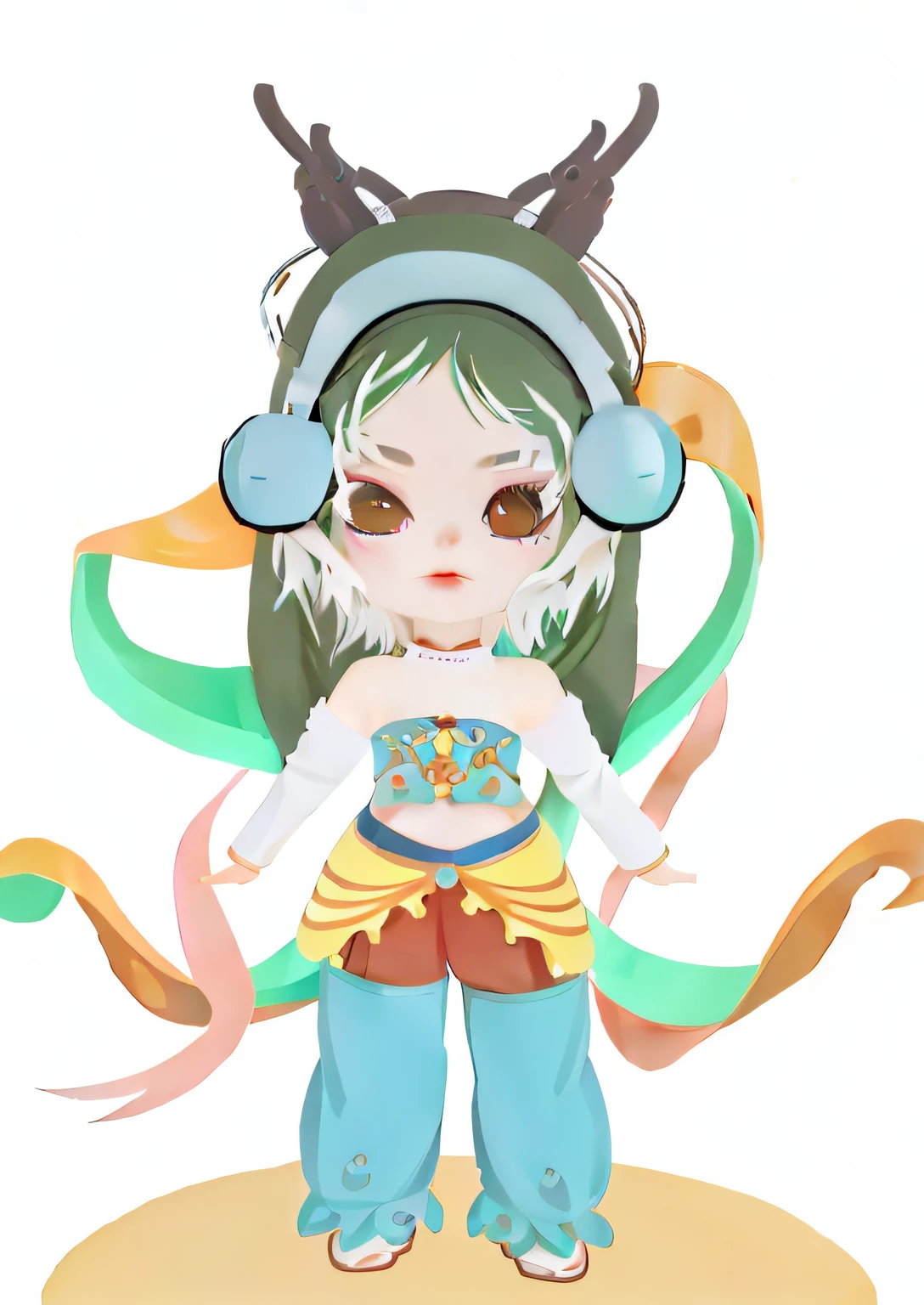 Cartoon girl with headphones and costume with horns, Anime monster girl, chibi monster girl, she is dressed in shaman clothes, anime figure, female anime character, kawaii playful pose of a dancer, elf girl wearing an flower suit, up of young anime girl, anime girl with cosmic hair, Cute cyborg girl, Anime goddess, anime style character, raver girl, Perfect android girl 3D