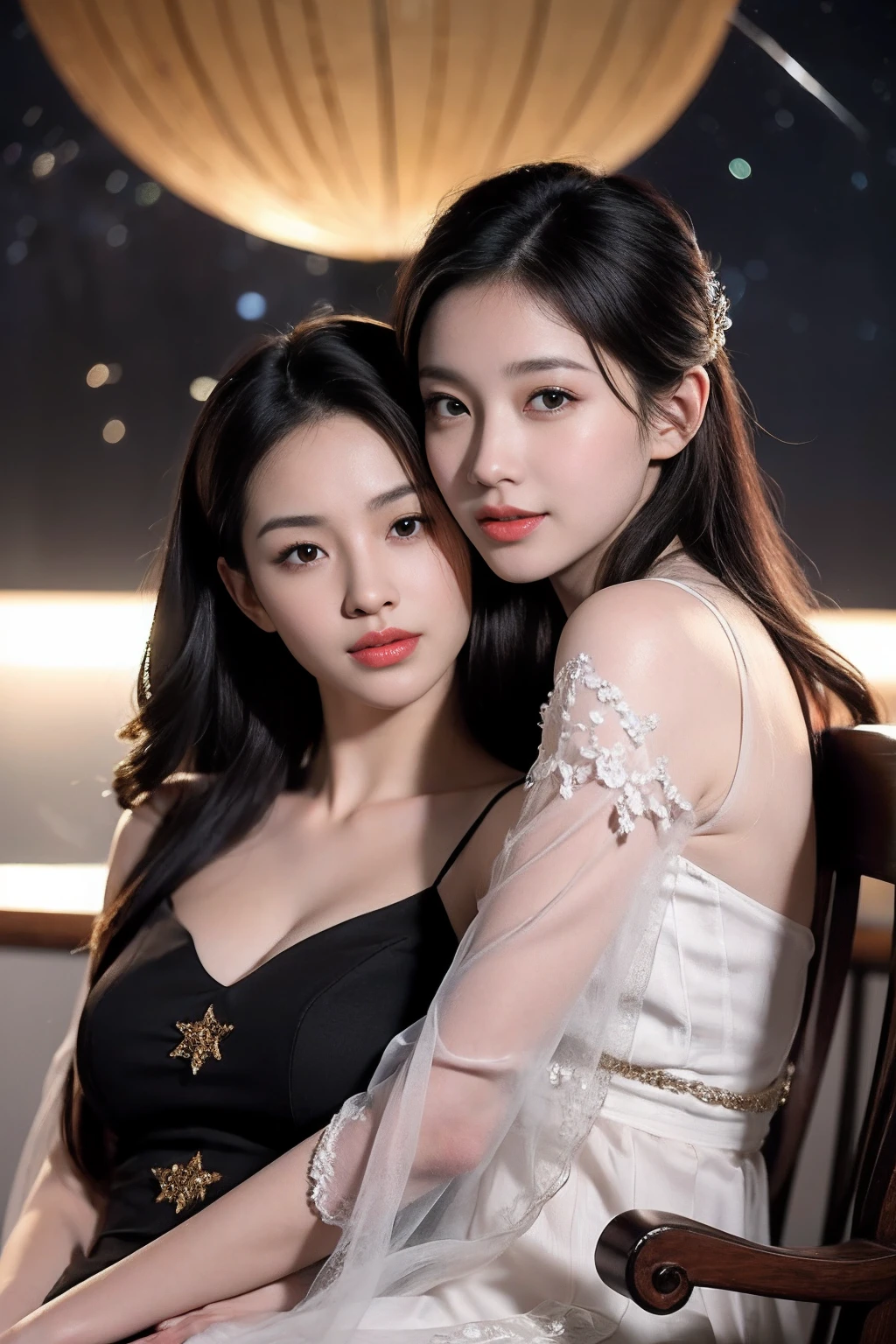 Smiling,Face focus, Meteor shower in the starry sky, a couple of lesbians sitting together looking at the stars,lewd,leering:1.3, Planets explosding,Masterpiece, Best quality, intricately details, absurderes,,(ulzzang-6500-v1.1,pureeroface_v1,octane rendering)