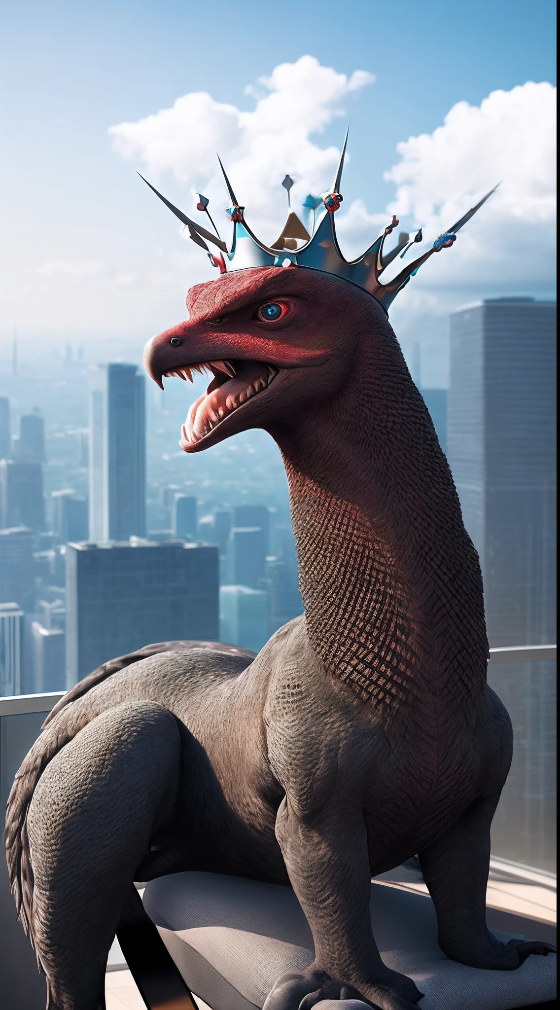 Rodan sitting on chair, wearing crown, hyper realistic, 8k,
