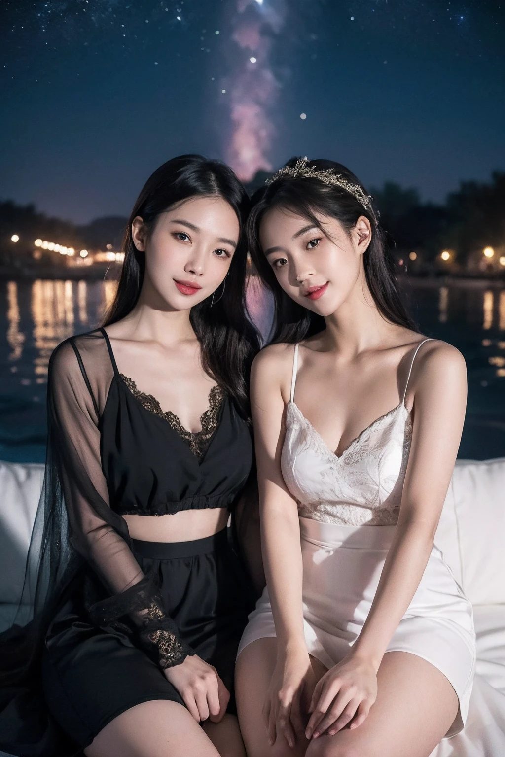 Smiling,Face focus, Meteor shower in the starry sky, a couple of lesbians sitting together looking at the stars,lewd,leering:1.3, Planets explosding,Masterpiece, Best quality, intricately details, absurderes,(ulzzang-6500-v1.1,pureeroface_v1,octane rendering)