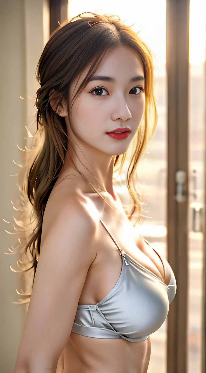top-quality。8K-Picture。Ultra-high pixel。The background is the sea。(Hair has a long silver wavy shape),。Overall delicate quality(Style is slender super busty woman:1.8)。Close to the perfect woman。legs are long、thin waist。Shot in colorful bikini。face is、clear double eyelids。lofty nose。sexy lip。The contours are slim、Longer。(thinly tanned skin)。(Slender Giant Beauty)。One more thing、Small Devil。A woman with a cute but suspicious inner world。