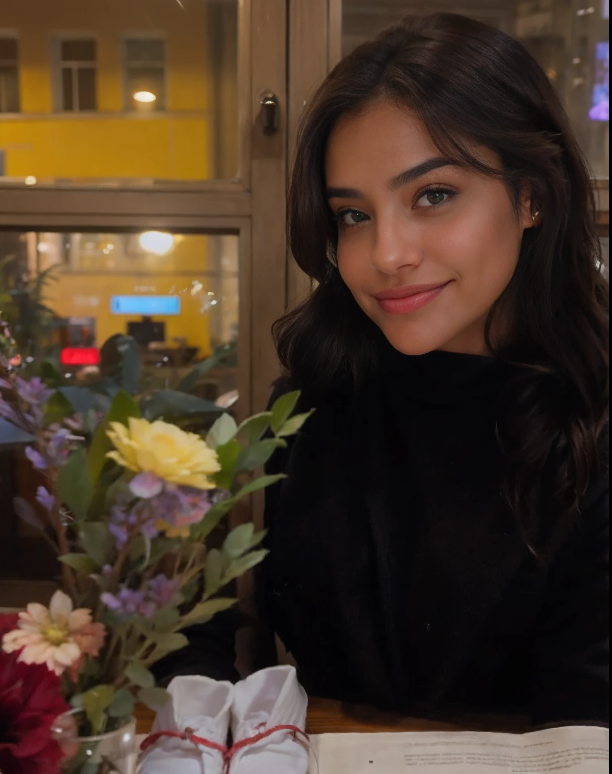 An urban adult female with a messy layered bob of long and curly brown hair, warm brown eyes reflecting compassion and kindness. Her self-assured demeanor and graceful figure exude elegance as she stands before an impressive urban black hoodie and sweatpants . Clad in a sophisticated dark brown office frock and gladiator heels, she remains resolute in the face of an apocalyptic wind and weather. The photorealistic image captures her captivating presence amidst the chaos, and the sparkling eyes draw viewers into the compelling visual narrative of strength and determination , mixed race , smiling ,18 years old, shy.