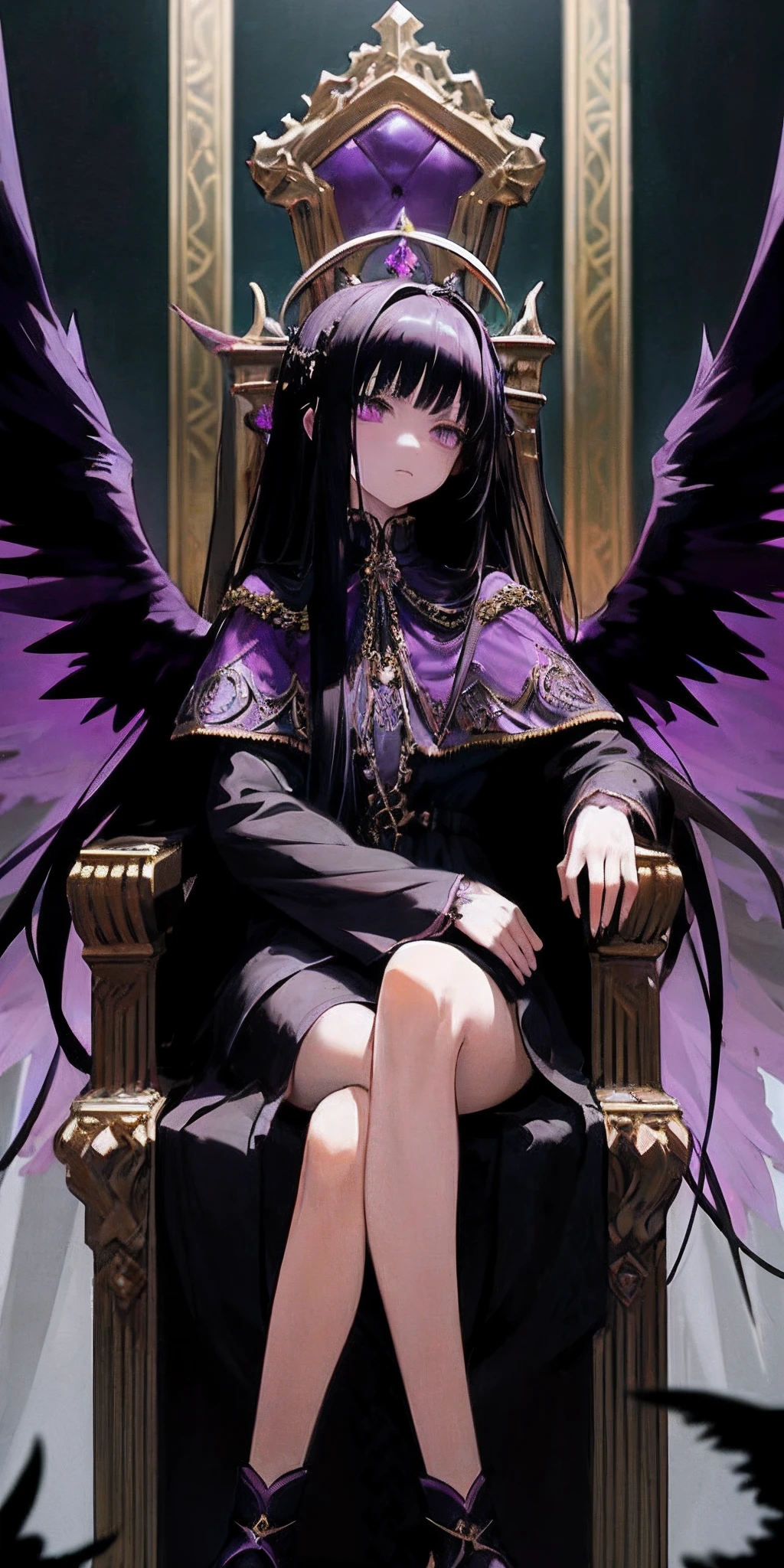 anime girl sitting on a throne with wings and a crown, perched on intricate throne, sitting in a gilded throne, gothic maiden anime girl, a beautiful fantasy empress, villainess has black angel wings, sitting on intricate throne,dark purple eyes