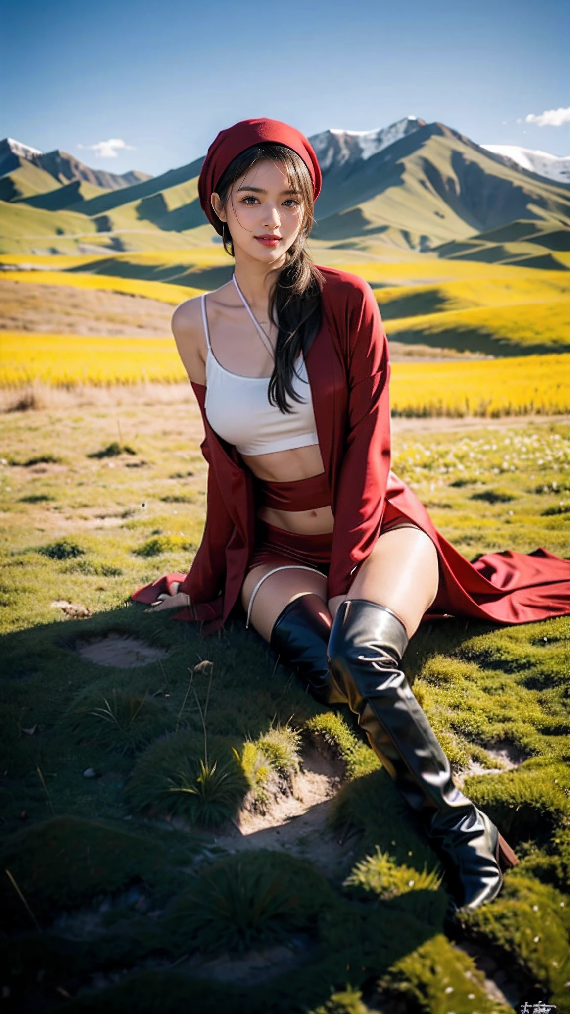 (big underboob，Tomboyish,small head), (short-length straighthair: 1.2), Black hair,(Well-defined abs: 1.1), (perfect bodies: 1.1)，Charming collarbone, navel，（极其细致的CG 8k壁纸），（Extremely refined and beautiful），（masterpiece），（best qualtiy：1.0），（超高分辨率：1.0），upper body，[A high resolution]，Smooth and flawless fair skin，ultra - detailed ，Slim，emaciated，Elongated legs，（huge breasts：1.5），big chest，big hips，happy，smile，Wrapped in a Mongolian headscarf，Wearing Gorgeous red Mongolian women's maxi robe，Black suspender stockings，Long tube black boots，sitting on the ground，vast green grassland，sunny, blue sky, white clouds，flock of  Sheep, from front，frontlighting，Close-up，cowboy shot