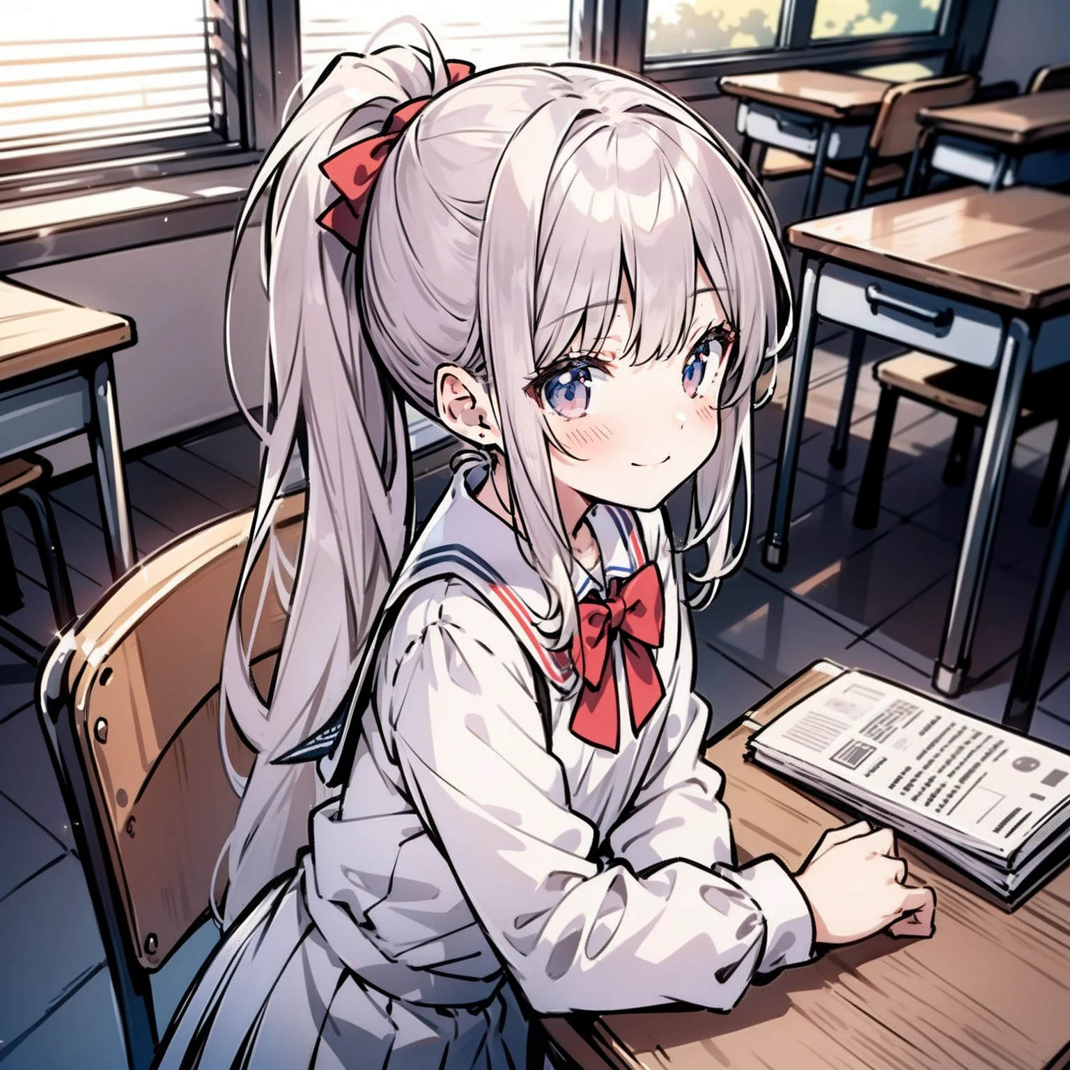 Anime girl around ,Double ponytail hairstyle 1.5,Long white hair 1.5,Wearing a plain white school uniform,Sit at a desk in the classroom(smile1.5)(Blush 1.5)(Frown 1.5)(The background is in a classroom at school:1.5),Anime style 4K,Anime rendering,style of anime,8K fineness,(Upper body display:1.5)(Cinematic lighting:1.5)(Flat chest 1.5)(Little Loli 1.5)