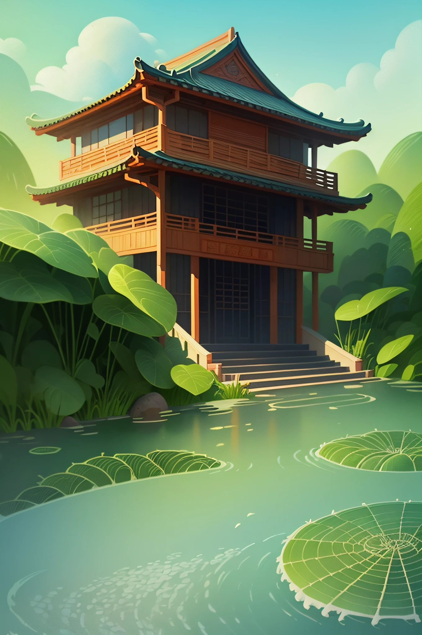 Grow rice in the water, A beautiful artwork illustration, Game illustration, serene illustration, Chinese watercolor style, artwork in the style of z.Show on the. gu, author：Xia Gui, G Liulian art style, Poster illustration, author：Fan Qi, environment design illustration, illustration concept art, author：Qu Leilei