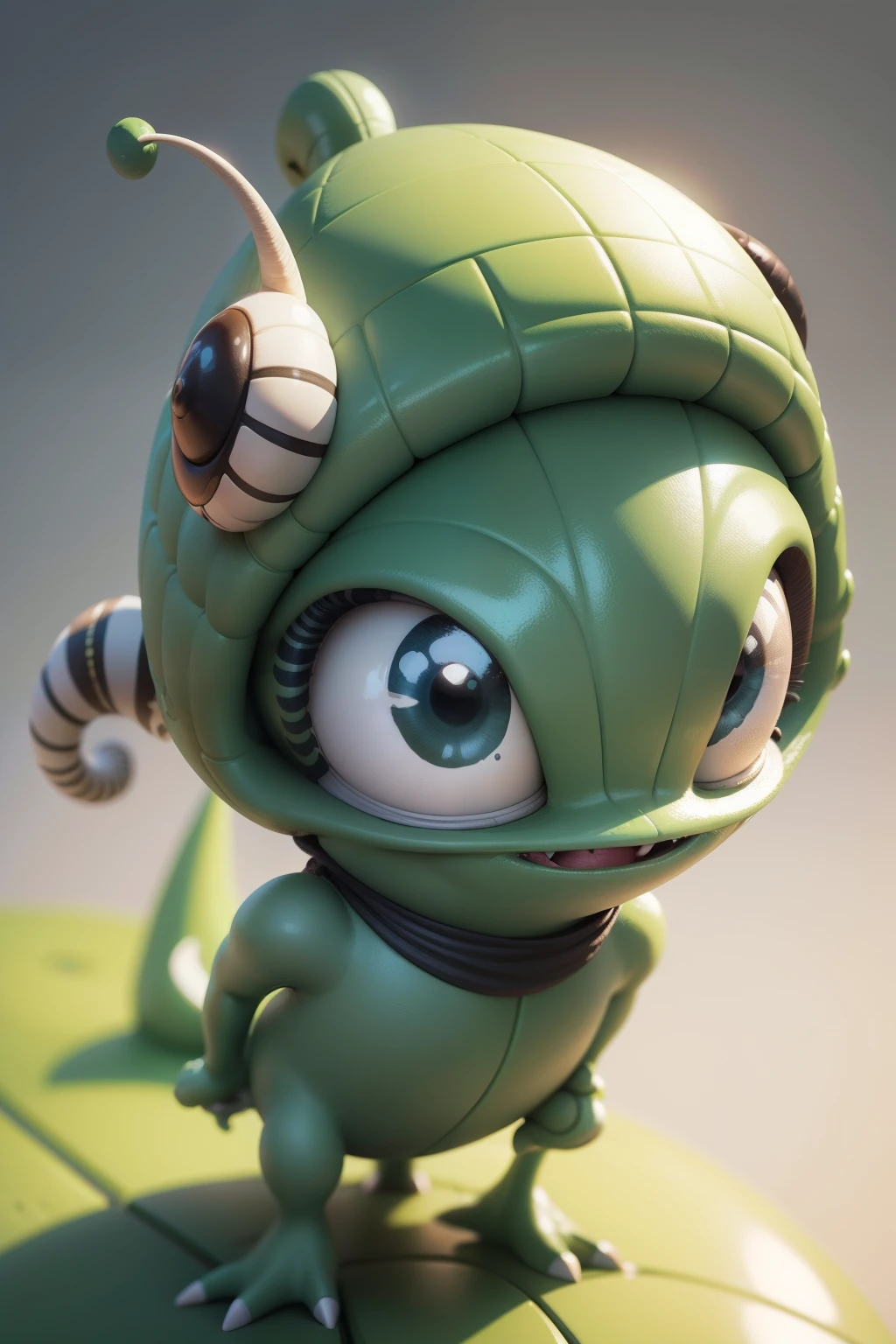 Funny alien, wearing a snail hat on top of his head, with an exaggerated laugh, clean background, good shine, cartoon style, simple strokes, comic style, blind box, close-up, centered composition, clean background, 3D rendering, OC rendering, best quality, 4K, detailed face detail