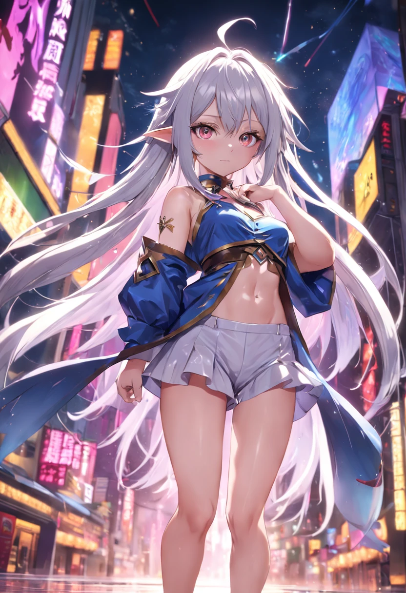 Browsing Caution,masterpiece,Highest quality,High resolution,Very detailed,One girl, Shiro \(no game No life\),Long Hair,Multicolored Hair,Hair between the eyes,Gradient Hair,Yellow Eyes,Flat Chest,, 11 years old, Revealing costumes,Embarrassing,blush,stand,Walking around the city,squint,sexual excitement,Hold your crotch with your hands, with own hands, Knee socks vibrator thigh vibrator, Composition from behind