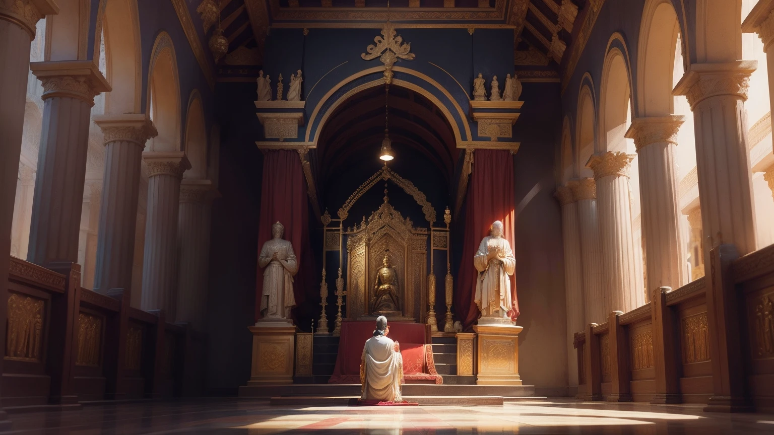 a king is praying in the temple in front of the lord statue
