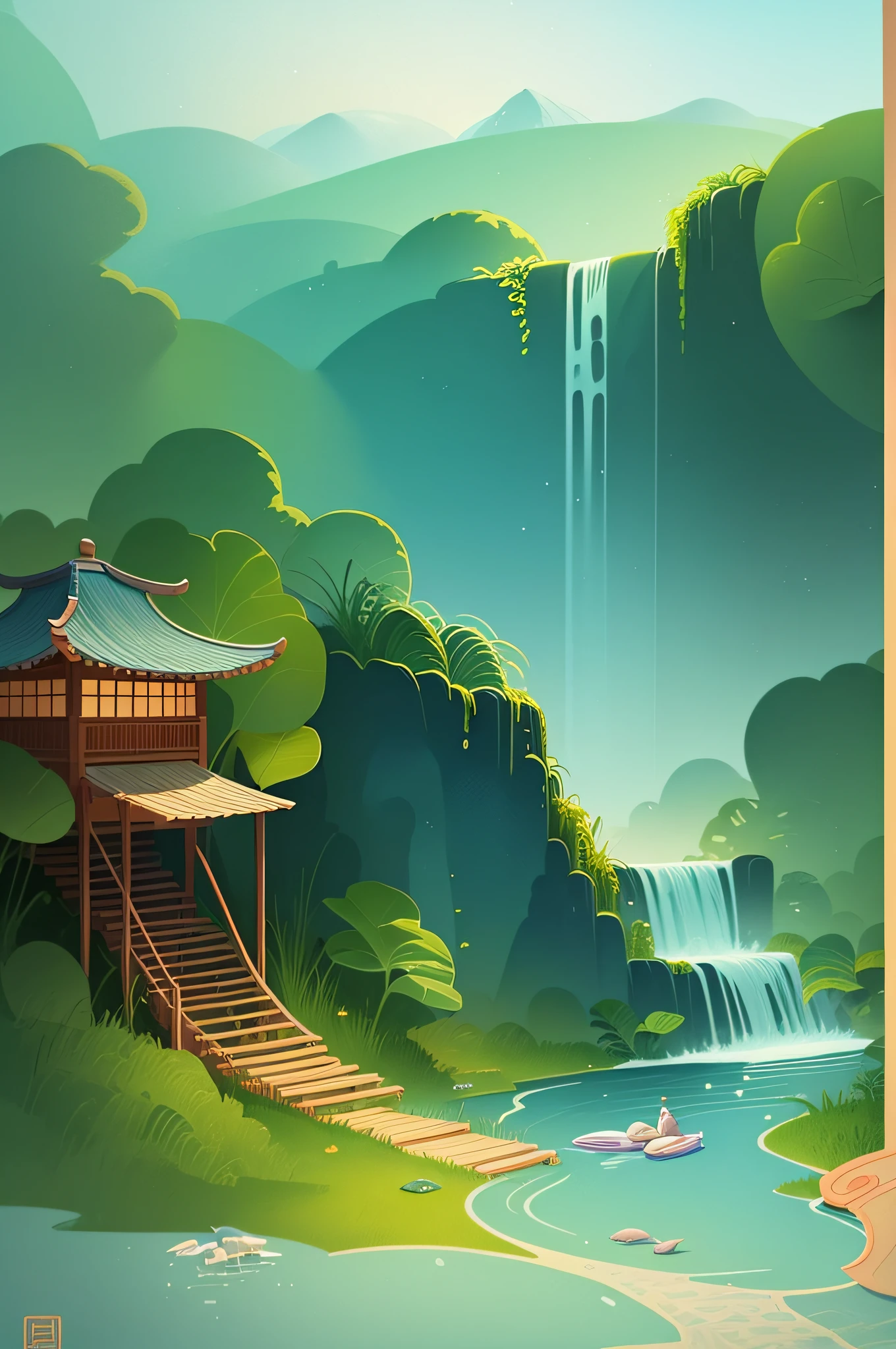 Grow rice in the water, A beautiful artwork illustration, Game illustration, serene illustration, Chinese watercolor style, artwork in the style of z.Show on the. gu, author:Xia Gui, G Liulian art style, Poster illustration, author:Fan Qi, environment design illustration, illustration concept art, author:Qu Leilei
