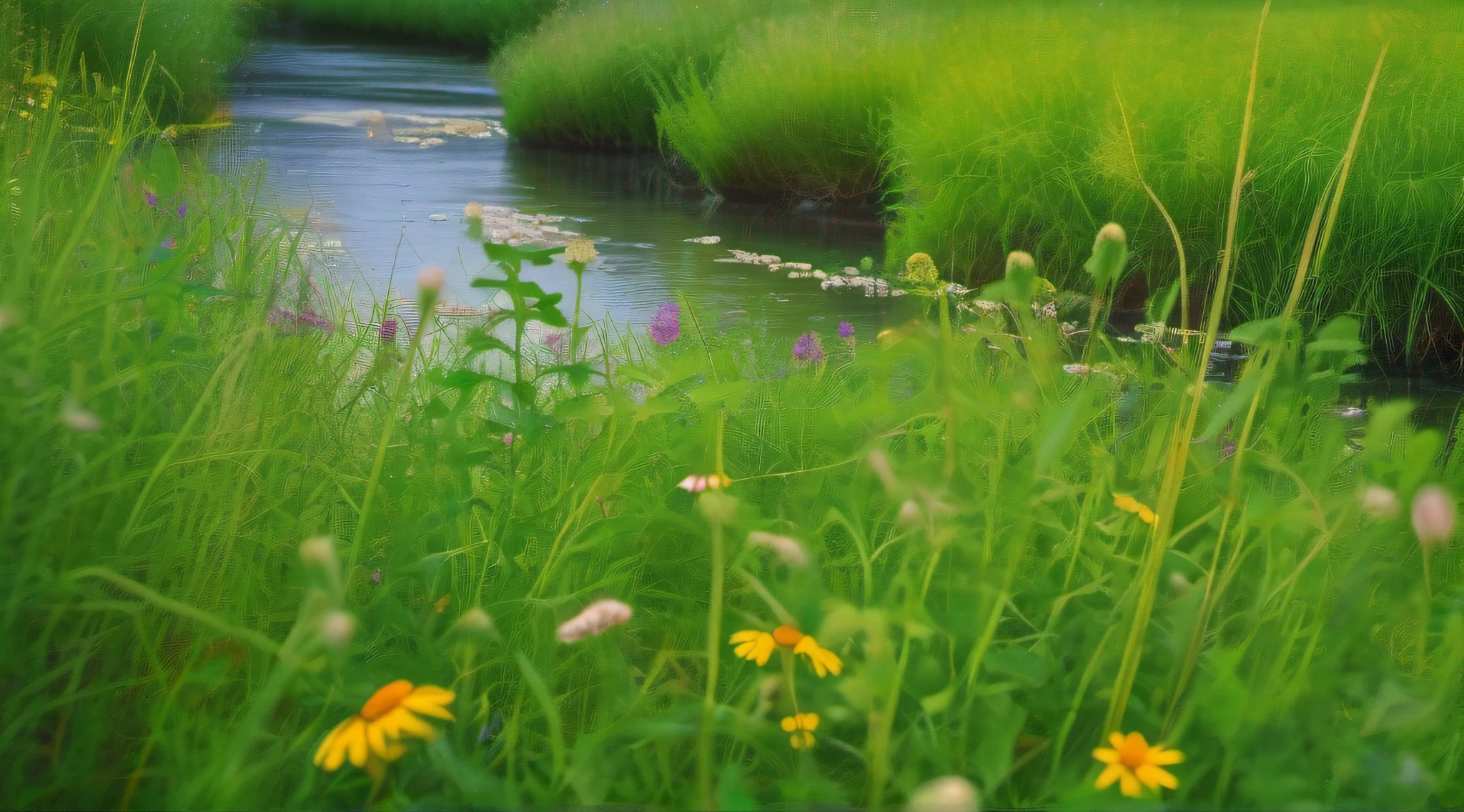 Fresh green meadow、Wildflowers、Close-up in the river、very real、photo-like、, masutepiece, Best Quality, hight resolution, in 8K