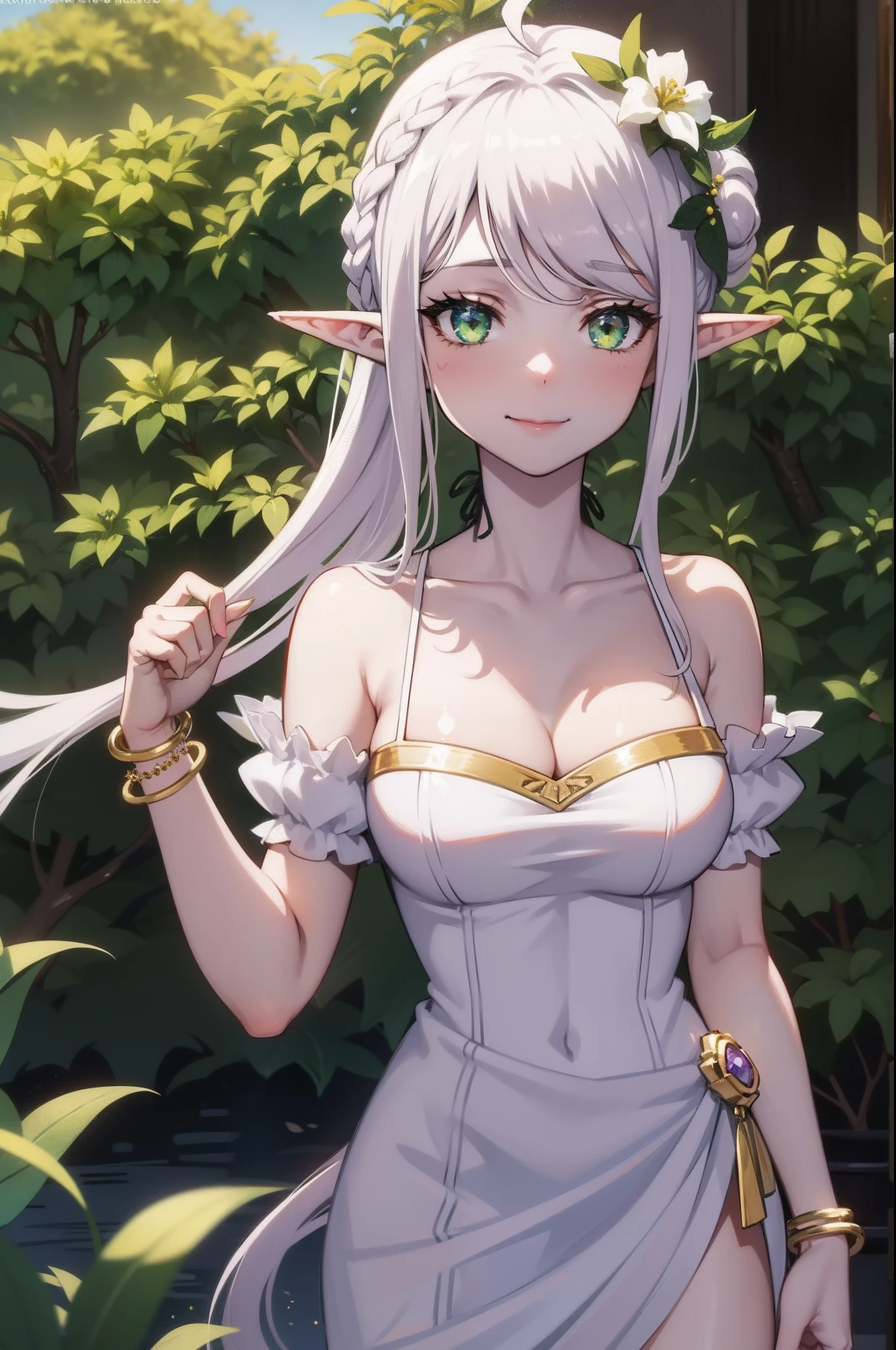 ((masterpiece)), (best quality), highres, ultra-detailed, absurdres,
 frieren, 1girl, red earrings, elf, long hair, pointy ears, solo, twintails, green eyes, earrings, white hair, looking at viewer, nude, bare shoulders, sexy, standing, upper body, big , light smile, side , perfect body, beautiful face, detailed face, beautiful eyes, detailed eyes, mage staff, bare nipples, visible nipples,