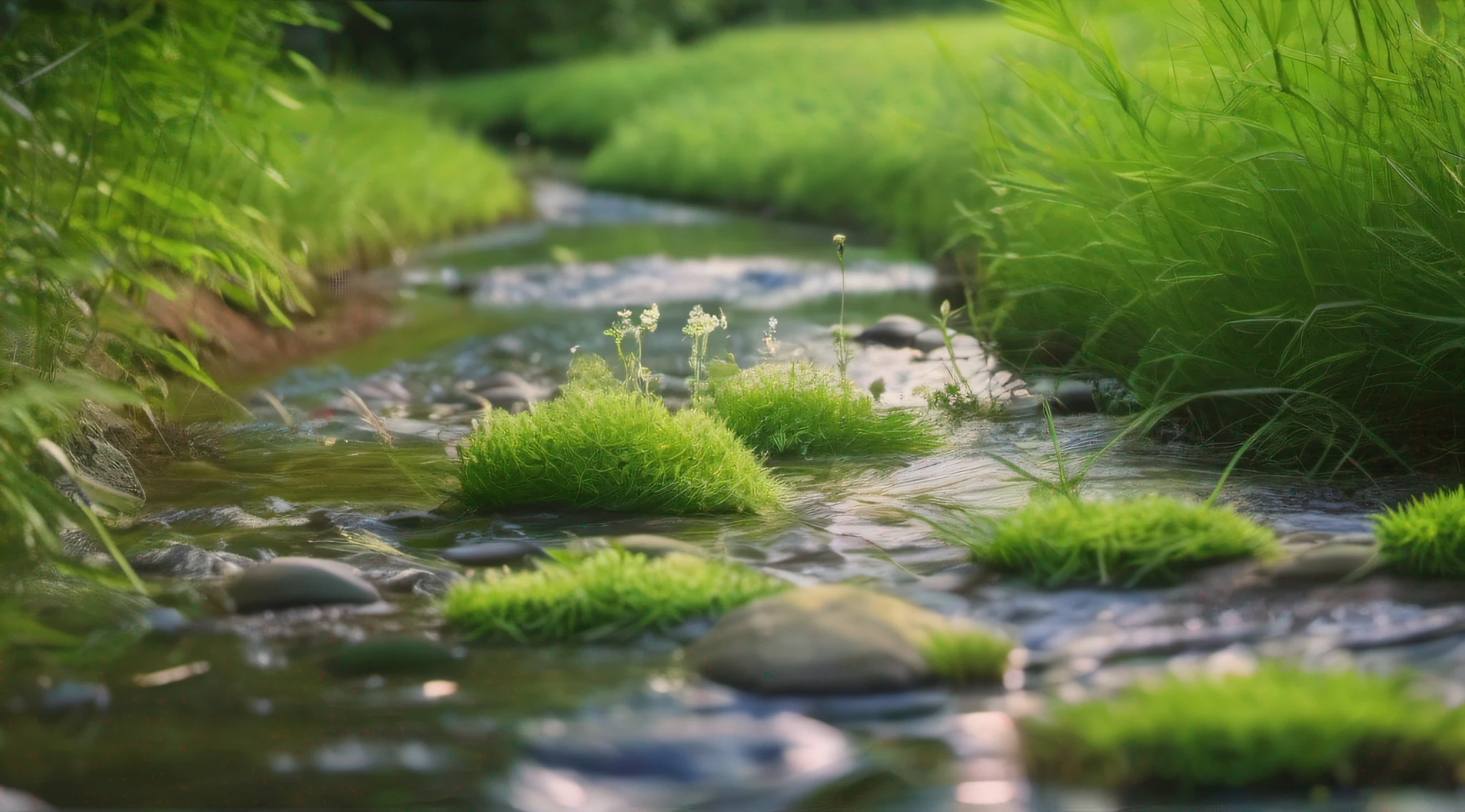 Fresh green meadow、Wildflowers、Close-up in the river、very real、photo-like、, masutepiece, Best Quality, hight resolution, in 8K