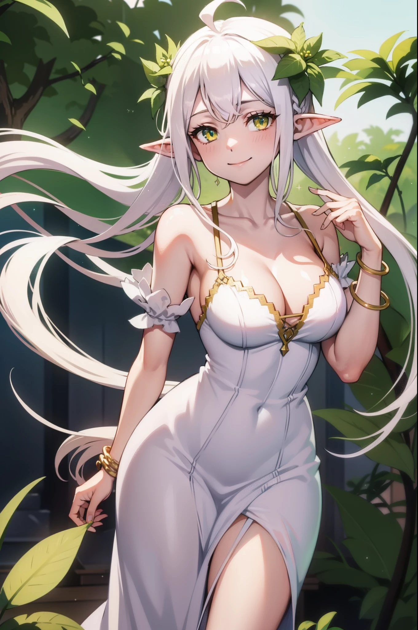 pointy_ears, smile, very_long_hair, white_dress, white_hair, dress, flower, green_eyes, hair_flower, hair_ornament, jewelry, ahoge, bare_shoulders, braid, breasts, cleavage, dress, elf, green_eyes, hair_between_eyes, hair_ornament, leaf, long_hair, plant, smile, solo, sparkle, bracelet, collarbone, hair_ornament, jewelry, looking_at_viewer, nature, puffy_sleeves
