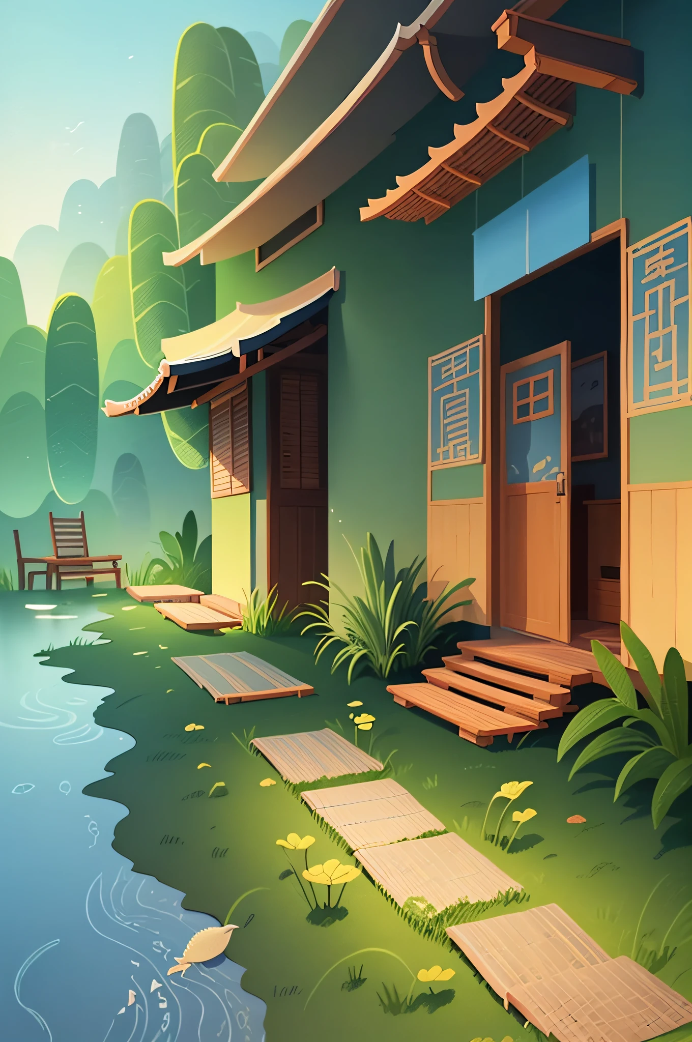 Grow rice in the water, A beautiful artwork illustration, Game illustration, serene illustration, Chinese watercolor style, artwork in the style of z.Show on the. gu, author：Xia Gui, G Liulian art style, Poster illustration, author：Fan Qi, environment design illustration, illustration concept art, author：Qu Leilei