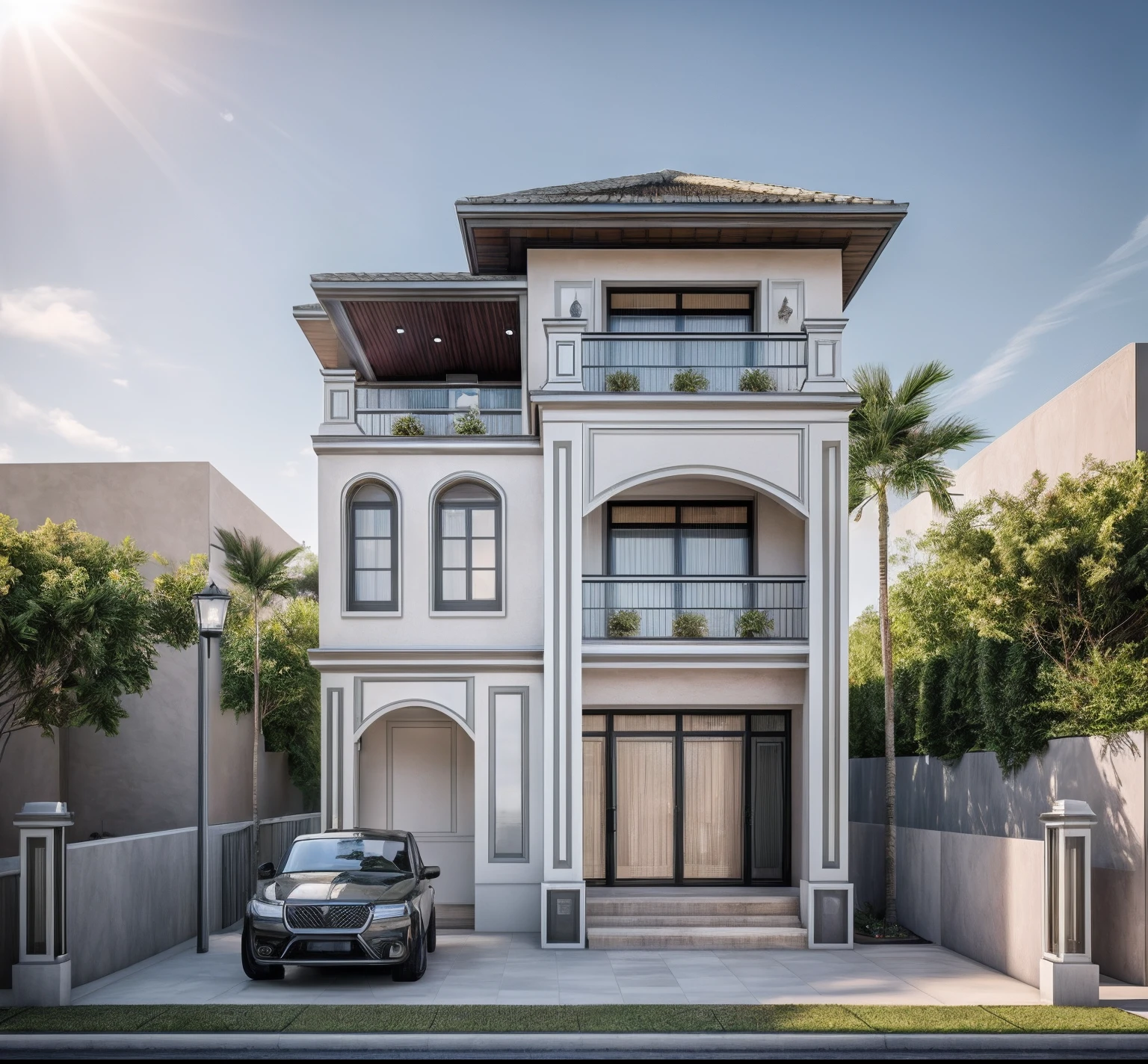 A (Photorealism:1.1) car parked in front of a two story building, clean linework, frontview, inter dimensional villa, (white wall:1.1), White column and wall details, (detail roof tile:1.1), (window glass detail:1.1), (wall lamp) 3rd floor details, (Balcony fence details:1.1), exterior design, white detailed sketch, neo - classical style, architectural illustration, realistic architecture, architectural concept, residential design, (masterpiece),(high quality), best quality, real,(realistic), super detailed, (full detail),(4k),8k,architecture, RAW photo,Masterpiece, high quality, best quality, authentic, super detail, exterior, outdoor town house style, street, white wall, louver roof, refection glass windows, climbing plant on the bacony,(straight line architecture arch:1.2), trees, beautifuL sky, (day:1.1),vray, people walking on the sidewalk in front of a house, photo render, corporate photo, digitally enhanced, render, exterior shot, photorealistic, screengrab, (god ray:1.1), digitally painted, transparent, front-view, an illustration of, full - view, discovered photo, still capture, unreal engine 5, octane render, cinematic, front lighting, ultra-detail, ((realistic)) depth of field, photography, ((Super detailed)), FKAA, TXAA, RTX, SSAO, Post Processing, Post-Production, CGI, VFX, SFX, Full color, HDR, Realistic,8k,((Unreal Engine 5)), Cinematic intricate detail, extreme detail, science, hyper-detail, FKAA, super detail, super realistic, crazy detail, intricate detail, reflected light on glass, eye-catching wall lights, unreal engine 5, octane render, cinematic, 8K,Detailed, High-fidelity, Viwvid, Crisp, The sun shines on the project,  Sharp, soft lighting, Bright, Stunning low, ((Lifelike)), Natural, ((Eye-catching)), Illuminating, Flawless, High-quality,Sharp edge rendering