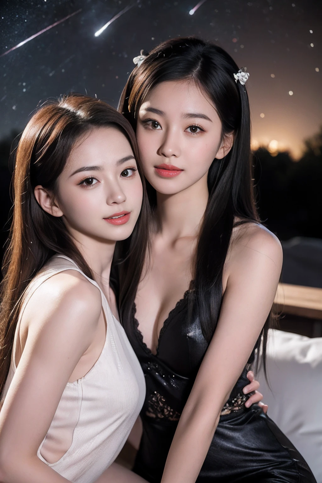 Smiling,Face focus, Meteor shower in the starry sky, a couple of lesbians sitting together looking at the stars,lewd,leering:1.3, Planets explosding,Masterpiece, Best quality, intricately details, absurderes,,(ulzzang-6500-v1.1,pureeroface_v1,octane rendering)