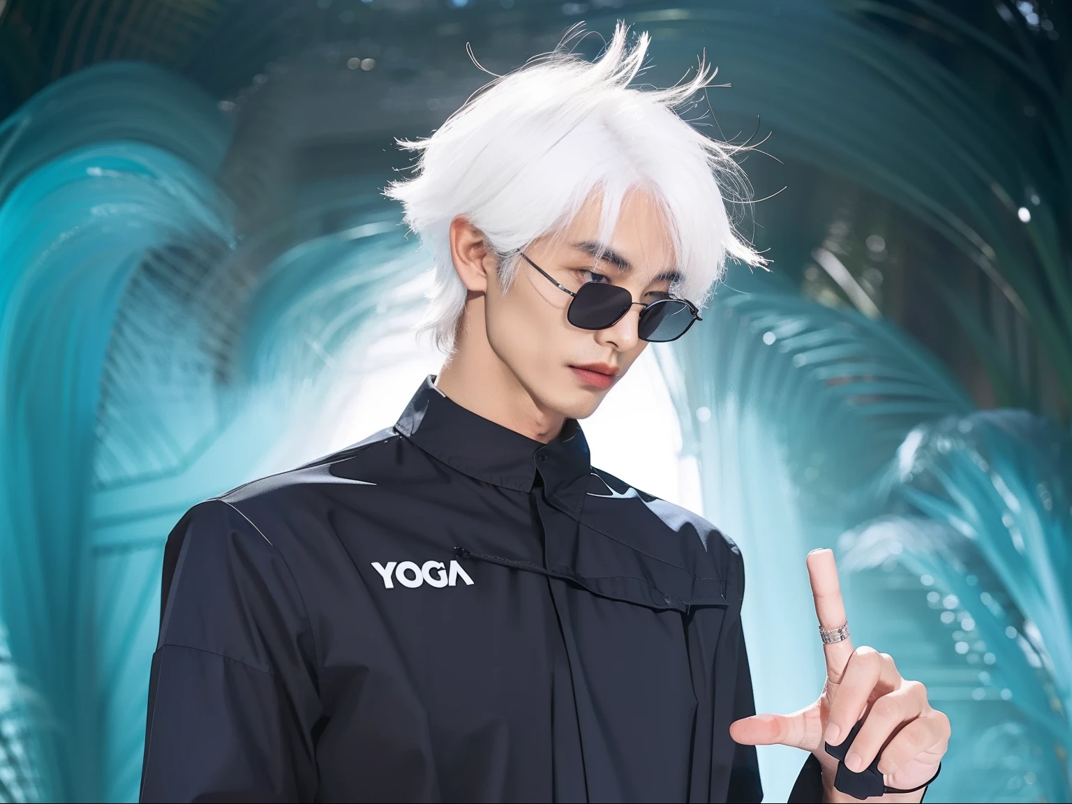 black shirt and the inscription yoga dmr on the left chest, gojo satoru, man with white hair and black glasses, blue eyes, (there is writing on his shirt yoga dmr)