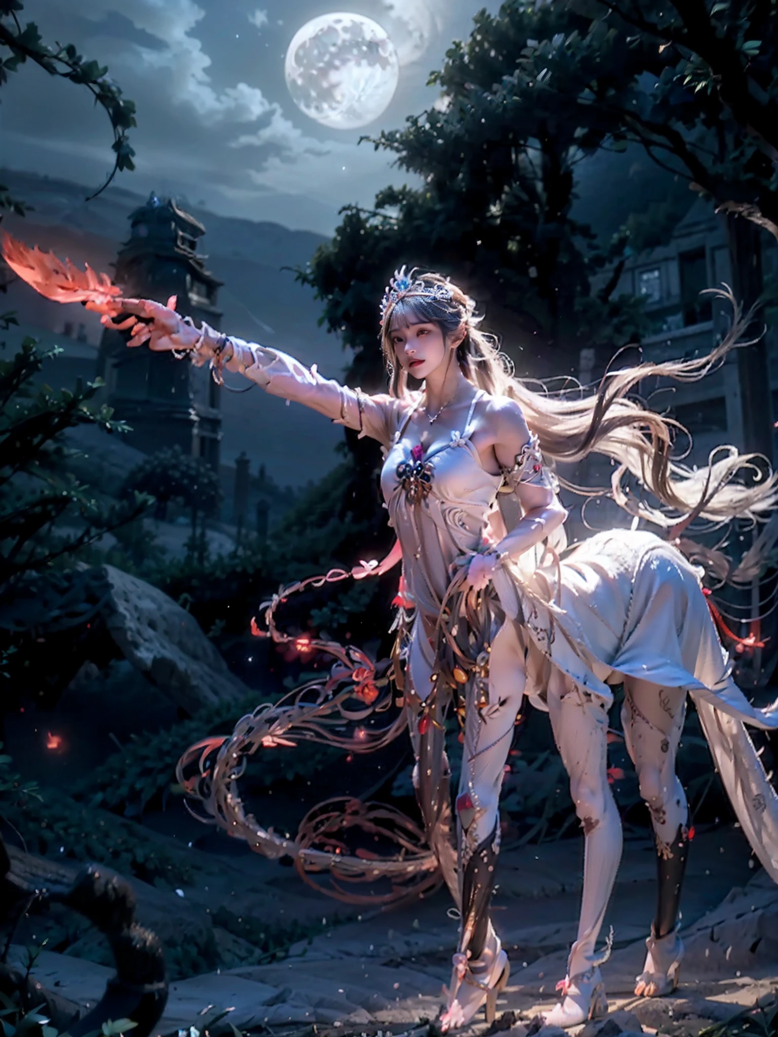 Male 1、Prince with long silver hair、Red glowing eyes and white skin、wearing a dragon tiara、The part of the black sword blade that has is、Runes are engraved from the base to the tip of the blade、Glows pale and white、Wearing monotone black armor with decorations、Two moons, White and red, float in the background