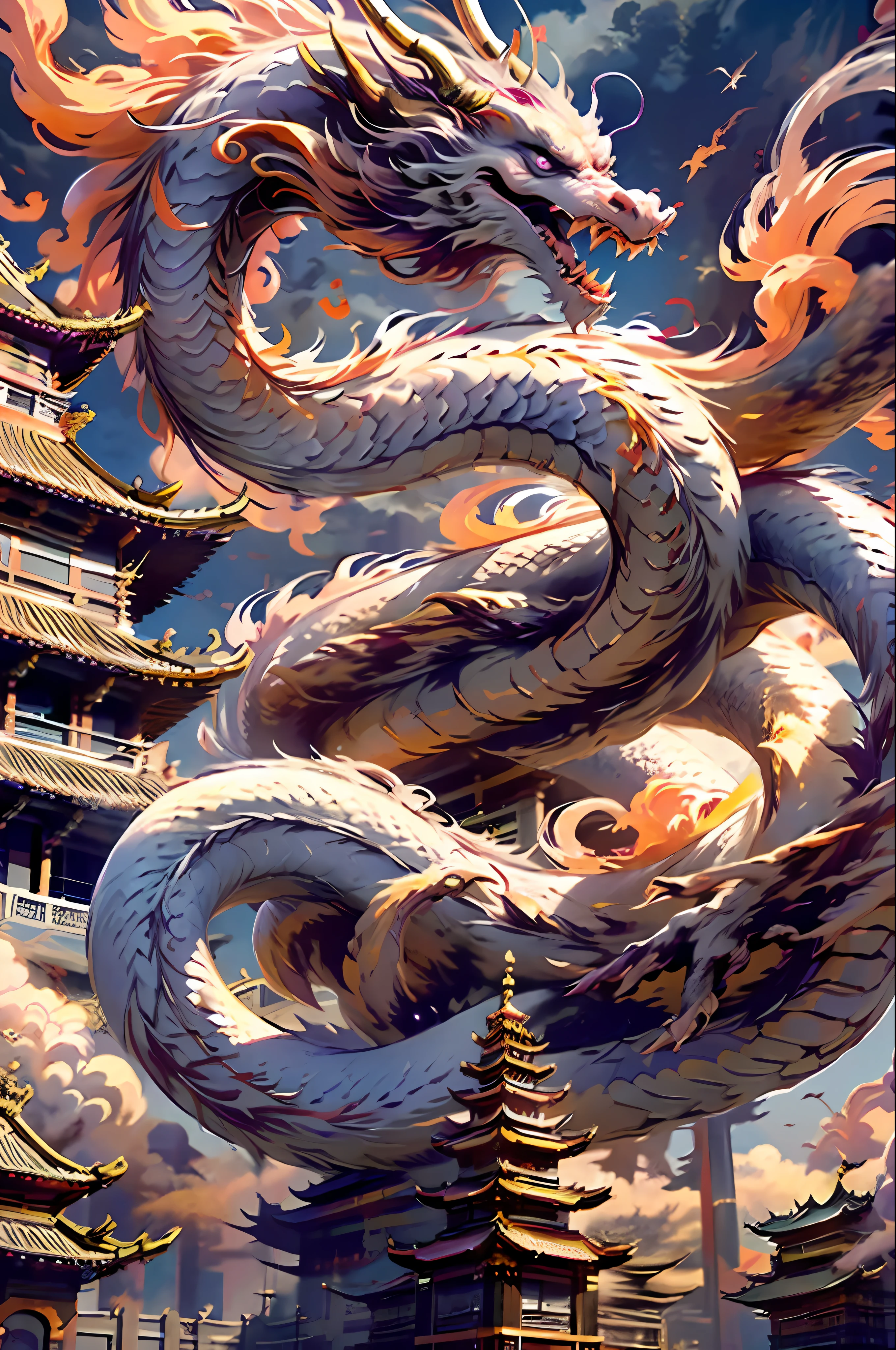 雪を頂く雄大なFuji Mountainの山頂から、巨大なOriental Dragonが、Now it's about to take off into the sky。The dragon shines with a sharp gaze.、Powerful四肢と巨大な翼を広げ、天空の王者にふさわShii威厳を放っている。The dragon's scales shine golden in the morning sun.、その姿はgod々It even makes me feel。Behind it iorning Glowに染まった壮大なsea of cloudsが広がり、Red or orange、The purple gradient、Creating a fantasy world。美ShiiAnime Scenery, Landscape painting, 美Shiiデジタル絵画, Andreas Rocha, 美Shiiアートワークのイラスト, 素晴らShii壁紙, Raymond Han, 背の高い美Shii絵画, Studio Ghibli Makoto Shinkai, 美Shii壁紙, Anime Scenery, Oriental Dragon, Fuji Mountain, Snow-covered, Morning Glow, sea of clouds, god々Shii, Powerful, 美Shii, Humans don't draw