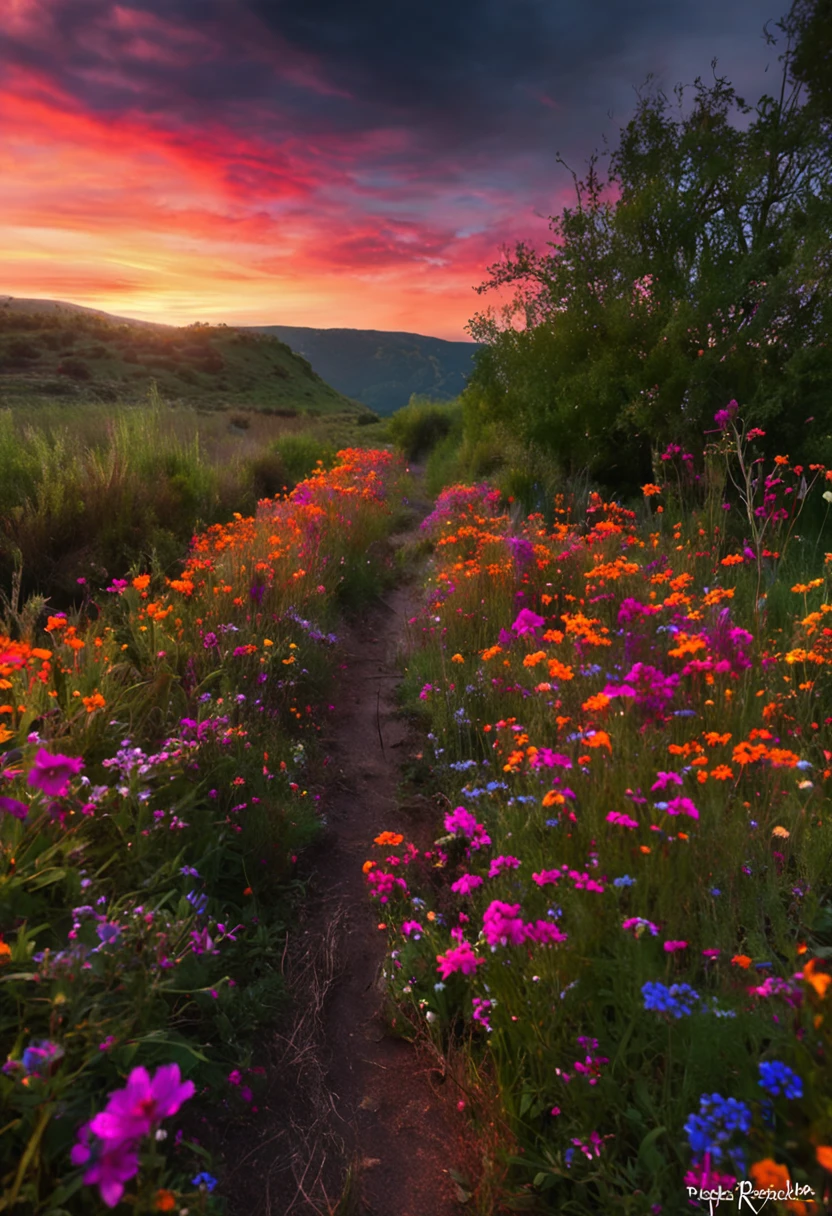country road,Roadside wildflowers,weeds,sunraise,brilliant colorful
