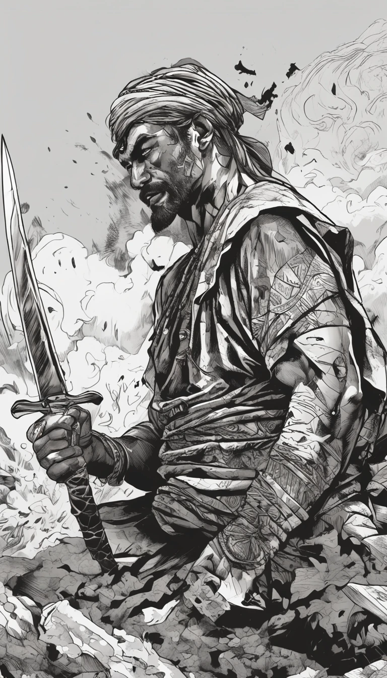 (This artwork is black and white) Masterpiece for its part (Superb quality),There is a male character,musculous,holding a knife,Great detailed eyes. The focus is on the upper body, The character looks directly at the audience. The style of the artwork resembles ancient style ink, Wear a bandana. Feelings of violence, The background is abstract, Grass with splashing energy and high contrast effect,explosion background,explosion cloud,Wind,Dynamic lens,speed-line,dynamic viewing angle --v 6