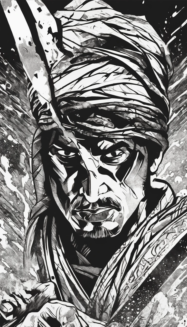 (This artwork is black and white) Masterpiece for its part (Superb quality),There is a male character,musculous,holding a knife,Great detailed eyes. The focus is on the upper body, The character looks directly at the audience. The style of the artwork resembles ancient style ink, Wear a bandana. Feelings of violence, The background is abstract, Grass with splashing energy and high contrast effect,explosion background,explosion cloud,Wind,Dynamic lens,speed-line,dynamic viewing angle --v 6