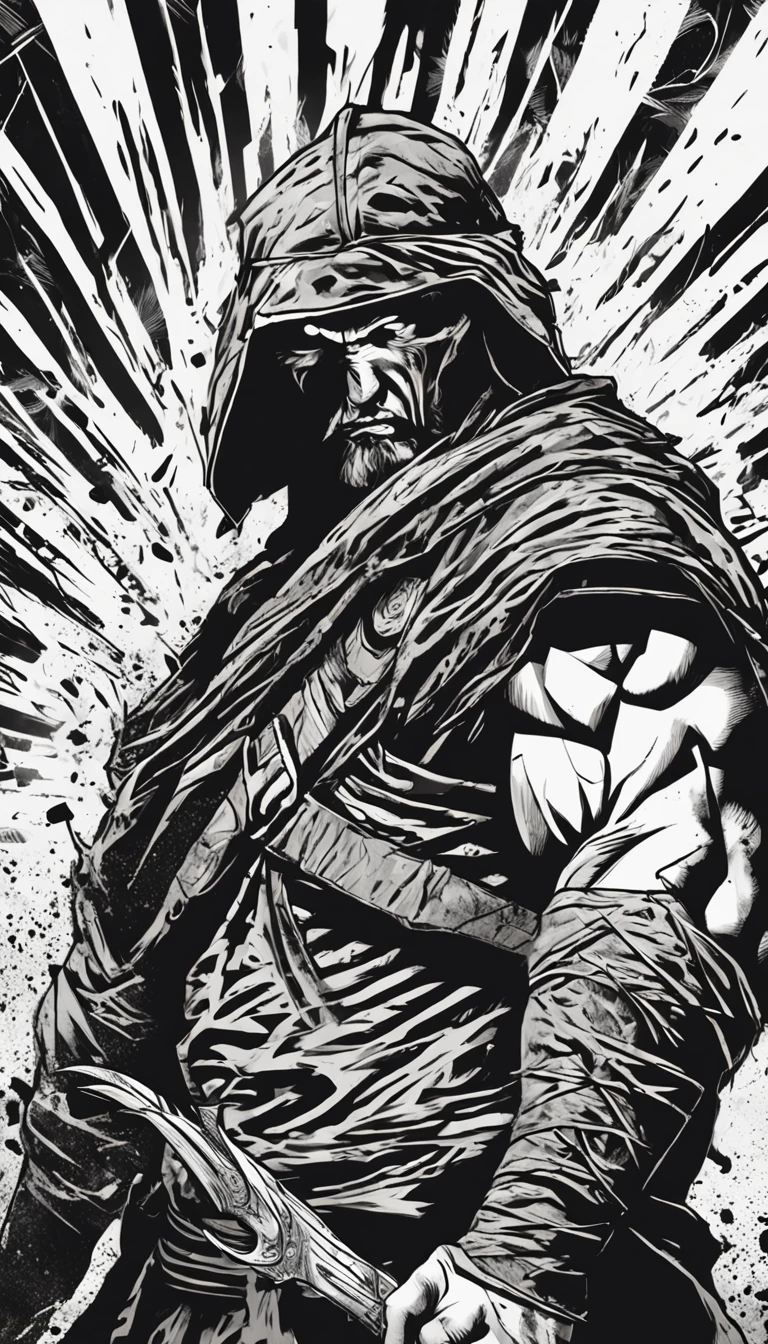 (This artwork is black and white) Masterpiece for its part (Superb quality),There is a male character,musculous,holding a knife,Great detailed eyes. The focus is on the upper body, The character looks directly at the audience. The style of the artwork resembles ancient style ink, Wear a bandana. Feelings of violence, The background is abstract, Grass with splashing energy and high contrast effect,explosion background,explosion cloud,Wind,Dynamic lens,speed-line,dynamic viewing angle --v 6