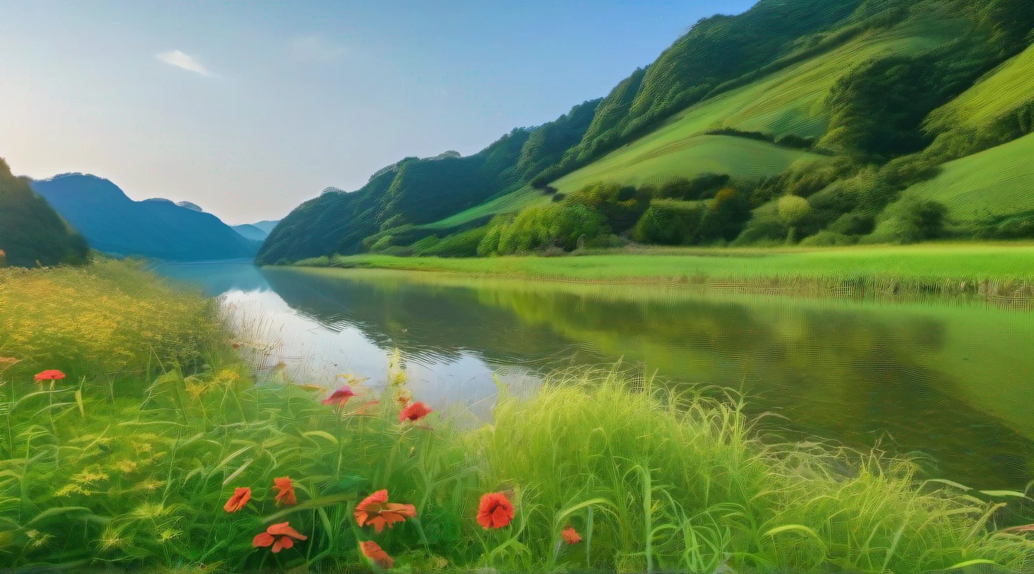 Fresh green meadow、Wildflowers、blue open sky、Close-up of the river、very real、photo-like、, masutepiece, Best Quality, hight resolution, in 8K