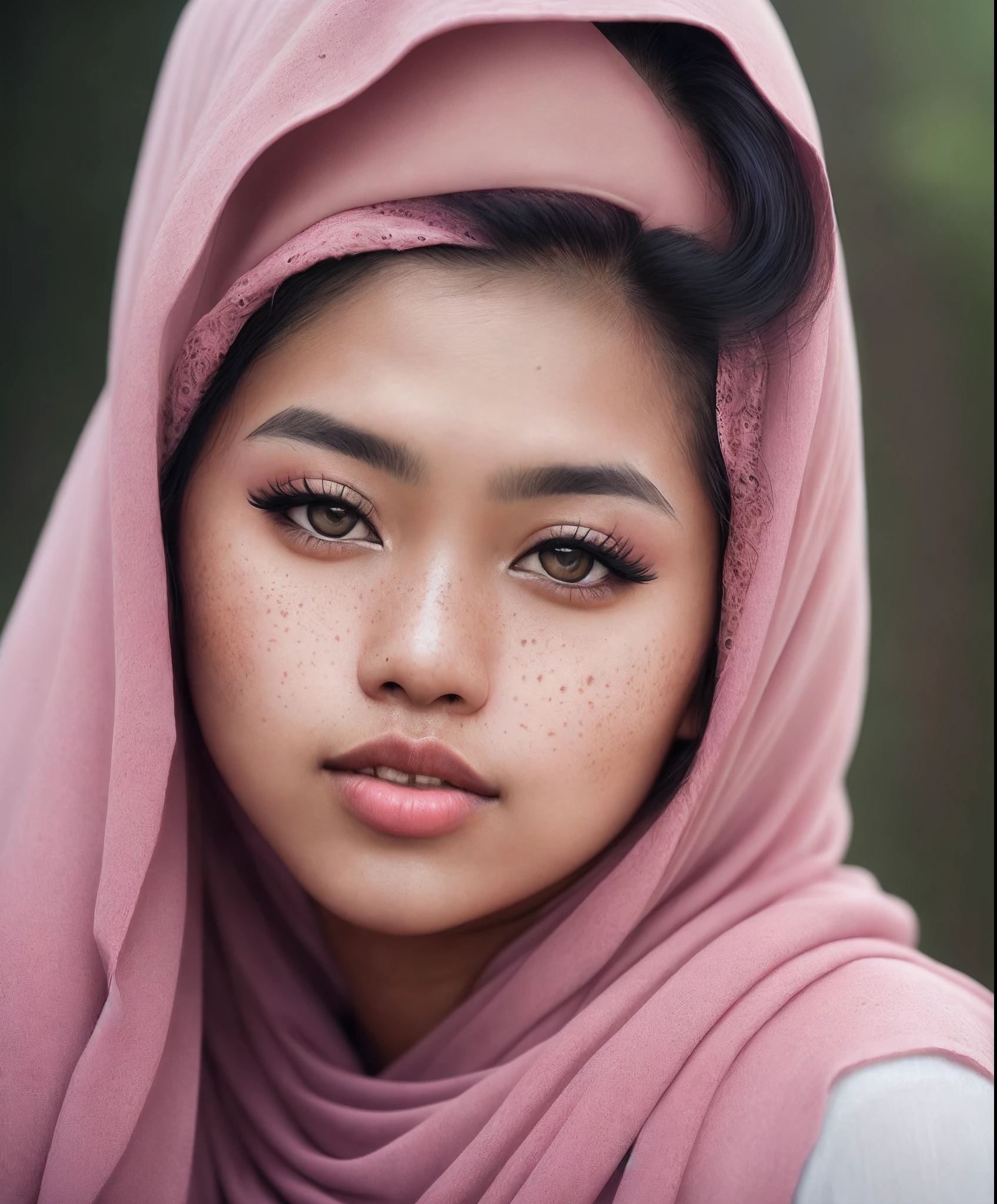 a photo portrait of a beautiful malay girl with hijab and few freckles, (plain pastel pink hijab), (medium shot portrait:1.3), dramatic light, Rembrandt lighting scheme, (hyperrealism:1.2), (8K UHD:1.2), (photorealistic:1.2), shot with Canon EOS 5D Mark IV, detailed face, detailed skin texture