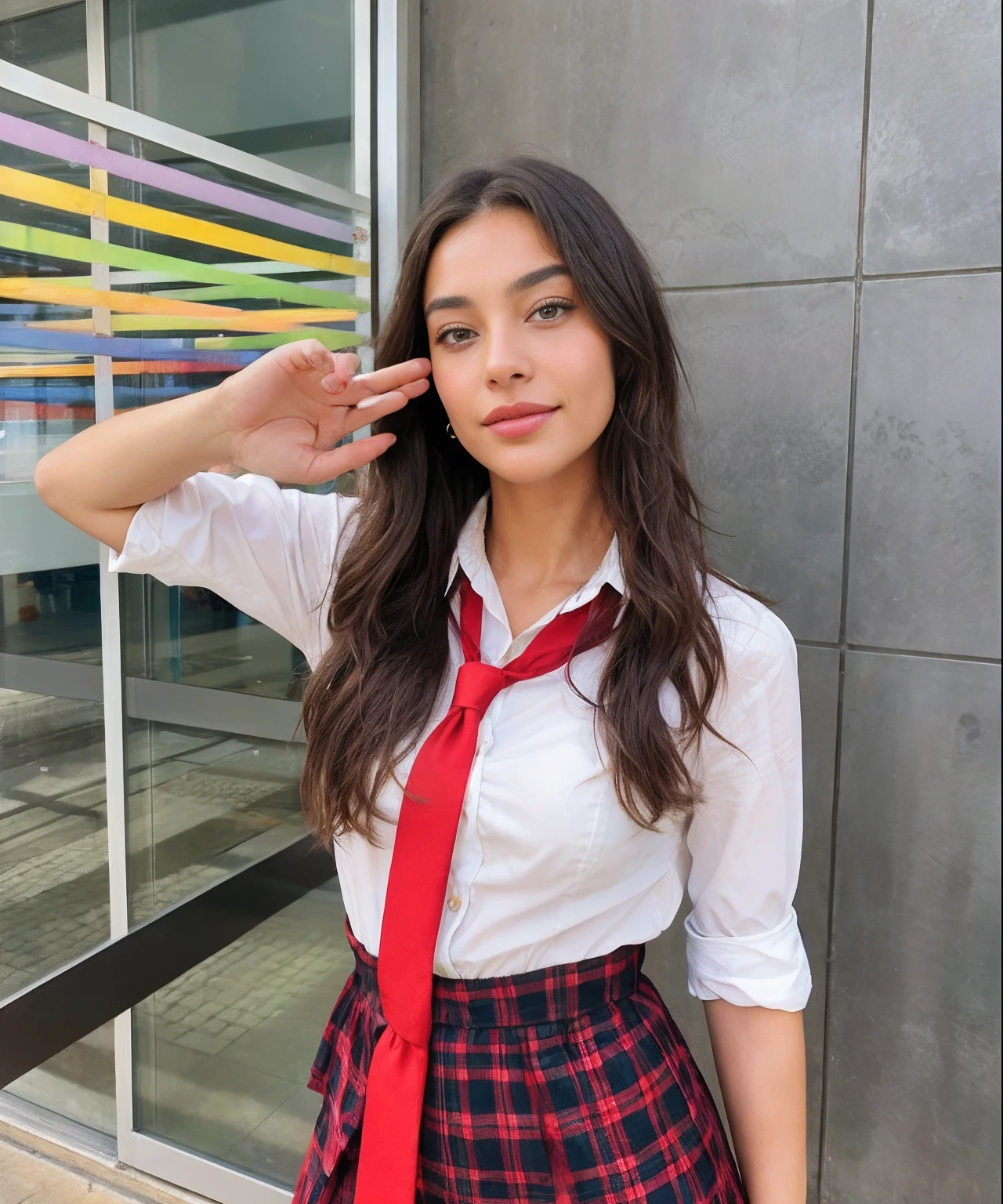 An urban adult female with a messy layered bob of long and curly brown hair, warm brown eyes reflecting compassion and kindness. Her self-assured demeanor and graceful figure exude elegance as she stands before an impressive high school uniform . Clad in a sophisticated dark brown office frock and gladiator heels, she remains resolute in the face of an apocalyptic wind and weather. The photorealistic image captures her captivating presence amidst the chaos, and the sparkling eyes draw viewers into the compelling visual narrative of strength and determination , mixed race , smiling ,18 years old, shy.