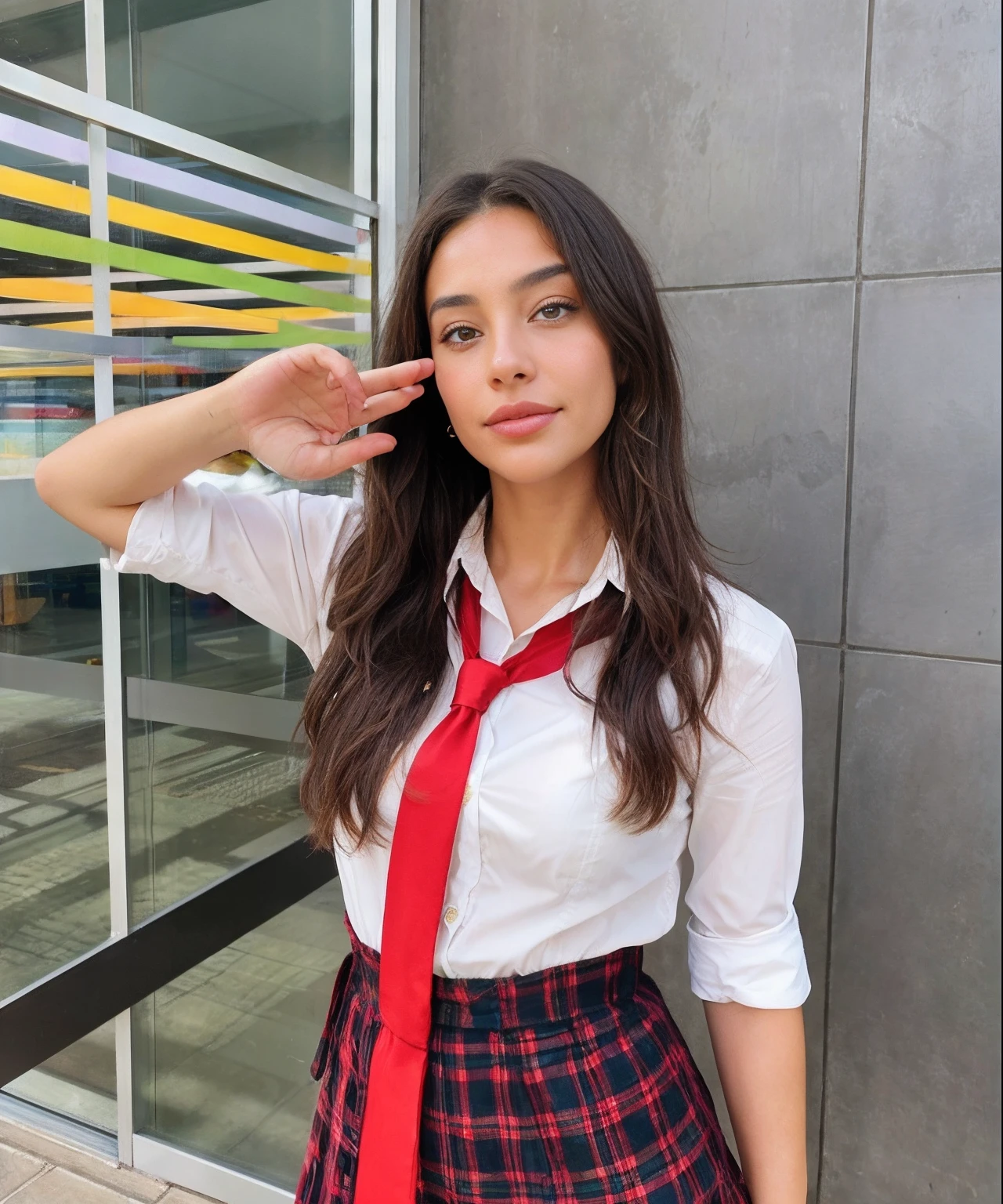An urban adult female with a messy layered bob of long and curly brown hair, warm brown eyes reflecting compassion and kindness. Her self-assured demeanor and graceful figure exude elegance as she stands before an impressive high school uniform . Clad in a sophisticated dark brown office frock and gladiator heels, she remains resolute in the face of an apocalyptic wind and weather. The photorealistic image captures her captivating presence amidst the chaos, and the sparkling eyes draw viewers into the compelling visual narrative of strength and determination , mixed race , smiling ,18 years old, shy.