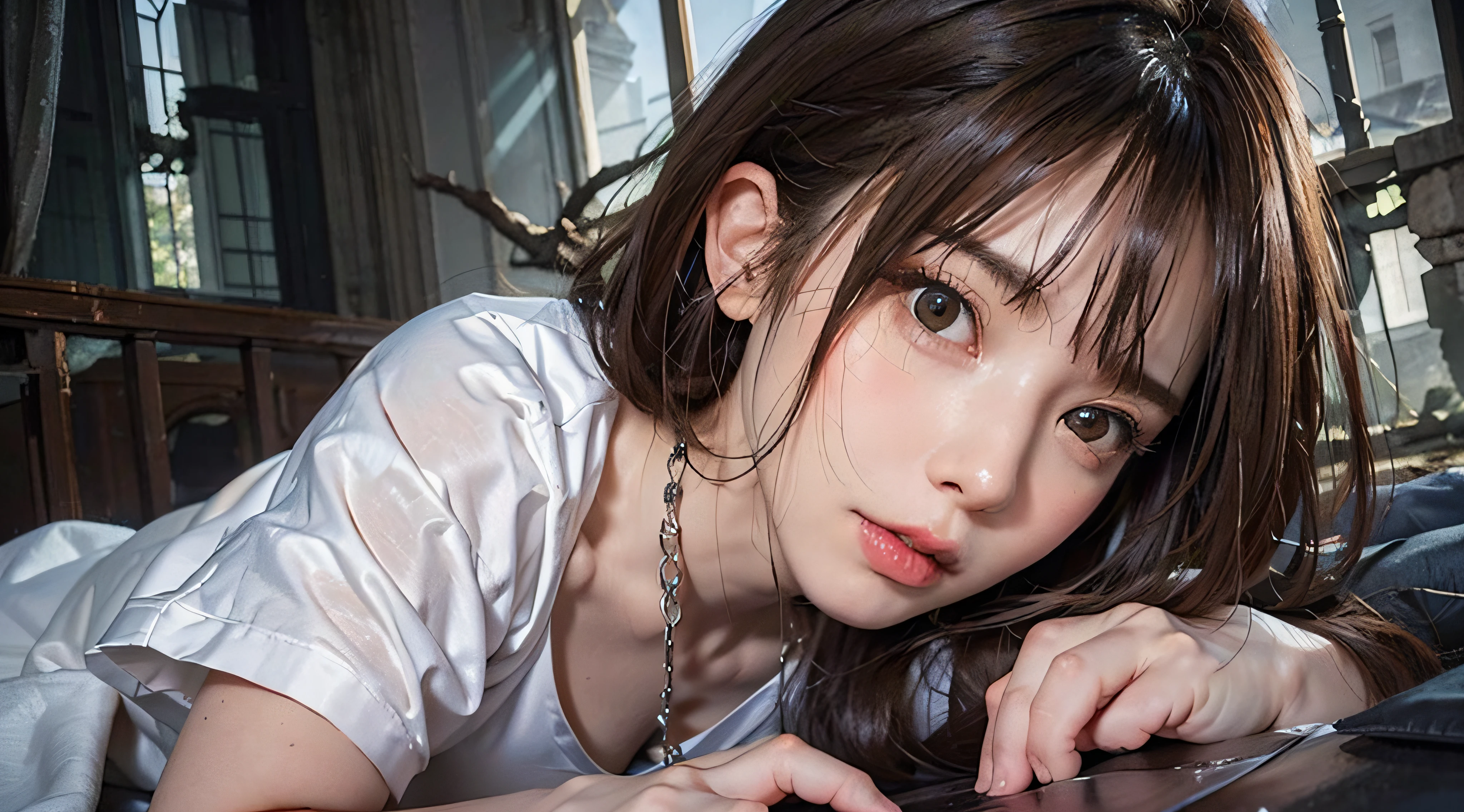 (1girl:1.3), cinematic light, (masterpiece, top quality, best quality, official art, beautiful and aesthetic:1.3), extreme detailed,highest detailed,(ultra-detailed),((an extremely delicate and beautiful)), modern woman in suit,(( lying on dark night old ruins)),rainy,solo, breasts, silky long hair, (brown hair), white Lace nightware, open breast, 26 years old, unsteady gaze, torn clothes, anxious, embarrassed, undressing, (looking away:1.4)