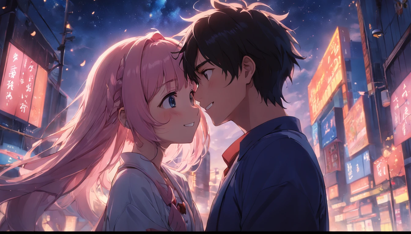 masterpiece、top-quality、Movie stills、1girl、1boy、a smile、I'm embarrassed、stare at each other、starrysky、a closeup、发光、happiness、Warm soft lighting、(Spark:0.7)