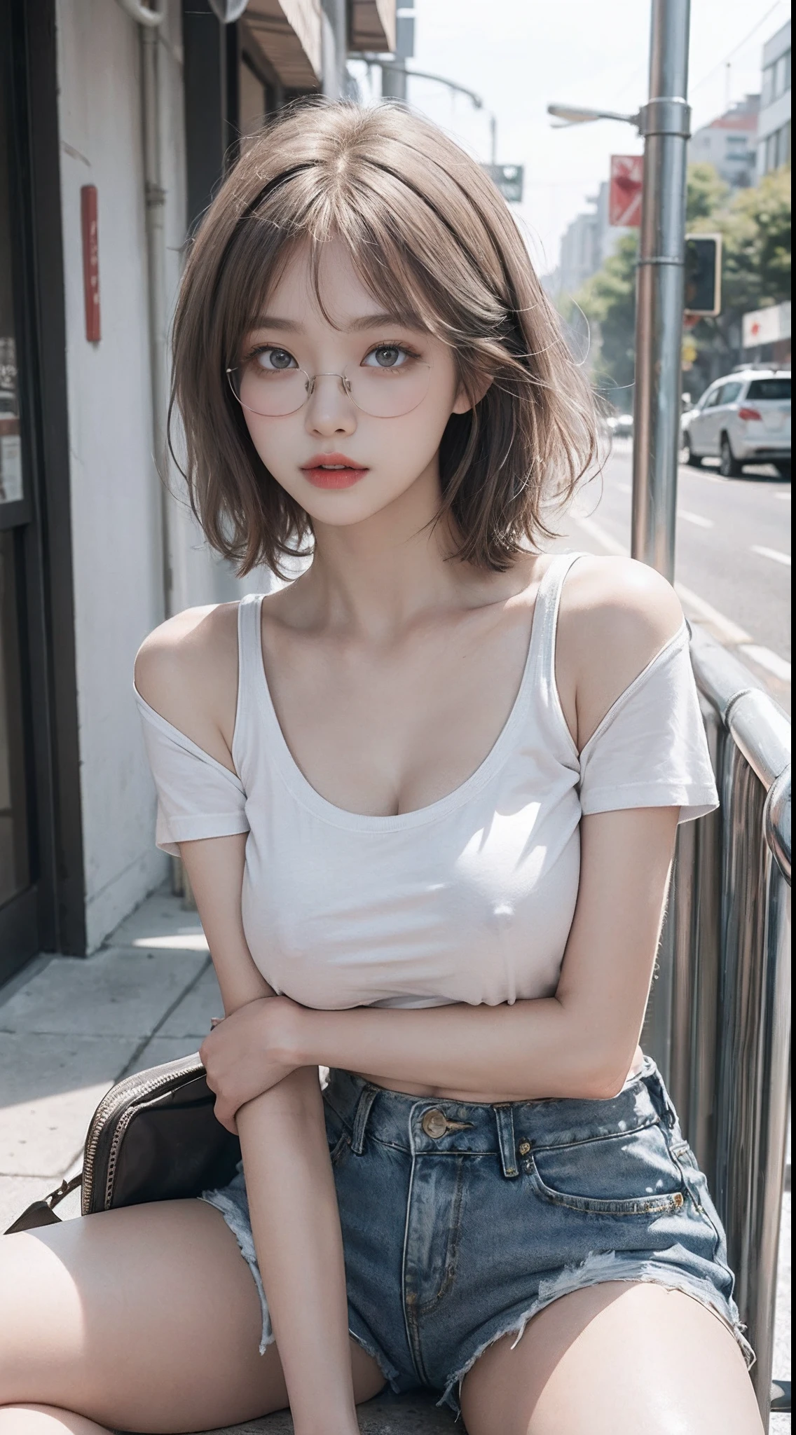 Top image quality、Raw photography、超A high resolution、18-year-old Korean、Glasses beauty、Colossal tits:1.5、cleavage of the breast:1.5、fair white skin、shiny white skin、(short bobbed hair)、((light brown silver hair))、Beautiful eyes with random colors、very thin lips、beautiful eyes finely detailed、elongated eyes、pale pink blush、long eyeslashes、Beautiful double eyelids、eyeshadows、耳Nipple Ring、(Fashionable glasses、white tee、denim short pants、Beautiful legs、Attractive thighs)、street snap、caps、Emphasis on the thighs、Exposed shoulders、Pose to sit and show your legs