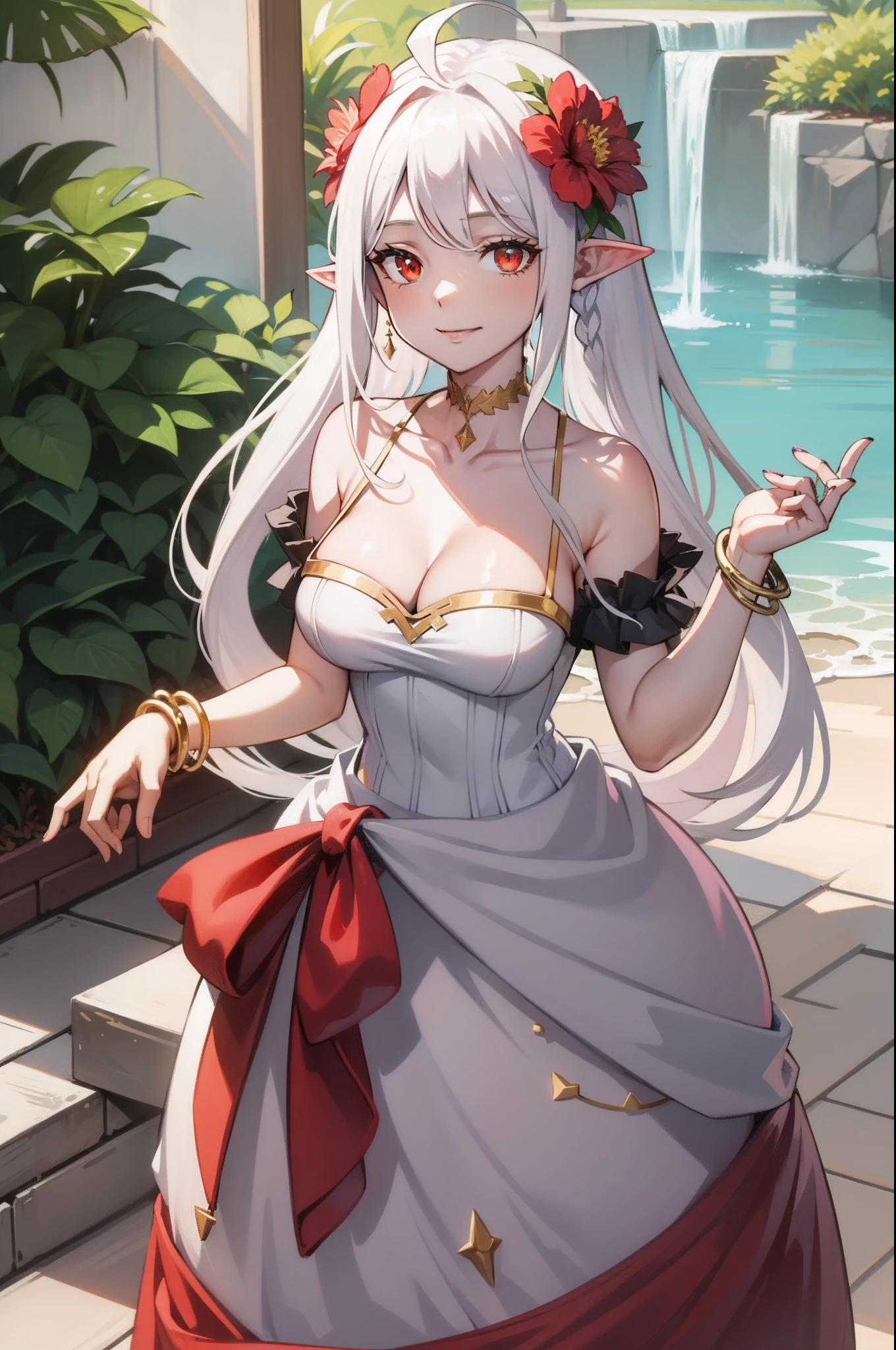 pointy_ears, smile, very_long_hair, white_dress, white_hair, dress, flower, green_eyes, hair_flower, hair_ornament, jewelry, ahoge, bare_shoulders, braid, breasts, cleavage, dress, red_eyes, hair_between_eyes, hair_ornament, leaf, long_hair, plant, smile, solo, sparkle, bracelet, collarbone, hair_ornament, jewelry, looking_at_viewer, nature, puffy_sleeves