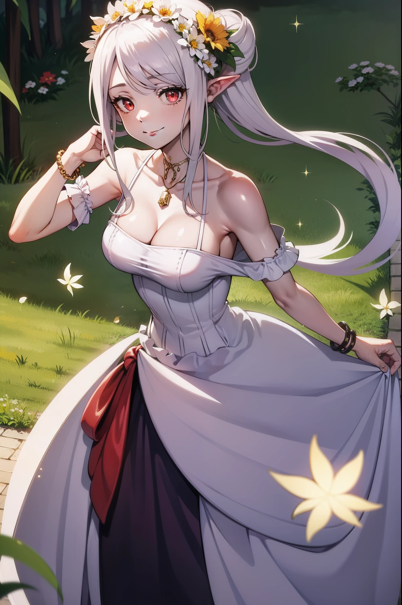 pointy_ears, smile, very_long_hair, white_dress, white_hair, dress, flower, green_eyes, hair_flower, hair_ornament, jewelry, ahoge, bare_shoulders, braid, breasts, cleavage, dress, red_eyes, hair_between_eyes, hair_ornament, leaf, long_hair, plant, smile, solo, sparkle, bracelet, collarbone, hair_ornament, jewelry, looking_at_viewer, nature, puffy_sleeves