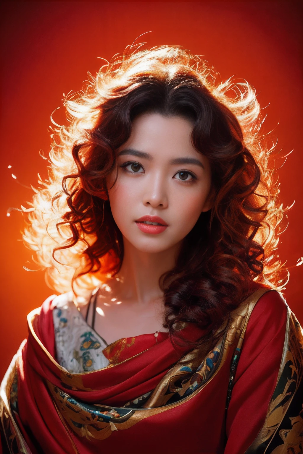 32K（tmasterpiece，k hd，hyper HD，32K）Flowy large curly hair，Flowing rouge，ponds，zydink， a color，  Asian people （Silly girl）， （Silk scarf）， Combat posture， looking at the ground， Large rolls of rouge， Flowing rouge curls， Crocodile skin skull headdress， Chinese long-sleeved clothing， （abstract ink splash：1.2）， Pink lotus background，Water lily flower protector（realisticlying：1.4），Rouge hair，Autumn is in full swing，The background is pure， A high resolution， the detail， RAW photogr， Sharp Re， Nikon D850 Film Stock Photo by Jefferies Lee 4 Kodak Portra 400 Camera F1.6 shots, Rich colors, ultra-realistic vivid textures, Dramatic lighting, Unreal Engine Art Station Trend, cinestir 800，Large curls，Flowing rouge