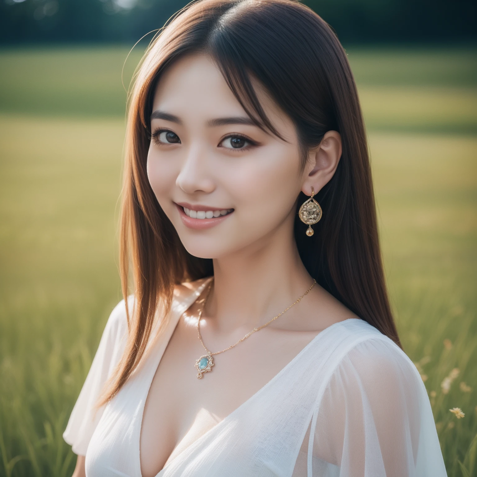 Best, Masterpiece, High Resolution, 1 Girl, Blush, (Seductive Smile: 0.8), Hair Accessory, Necklace, Jia, Tyndall Effect, Realism, Light Edge, Two-tone Lighting, (High Detail Skin: 1.2), 8K Ultra HD, DSLR, High Quality, Volume Lighting, Sneak Peek, Photo, High Resolution, 4K, 8K, Background Bokeh, Gorgeous Clothes, Earrings, 35mm, High Detail Hair, Upper Body, Bust, Portrait, Ultra Clear Face, (Lakeside, Meadow)
