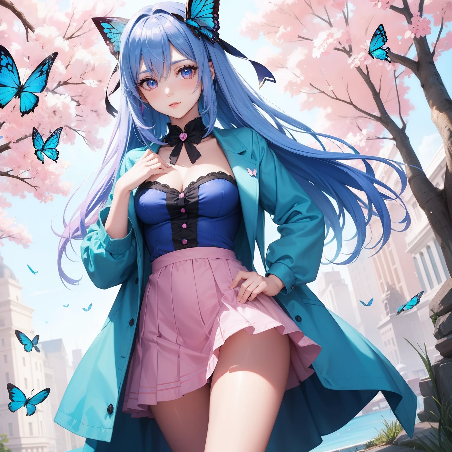 a women, blue butterfly, blue hair, pink hair, pink eyes, blue dress